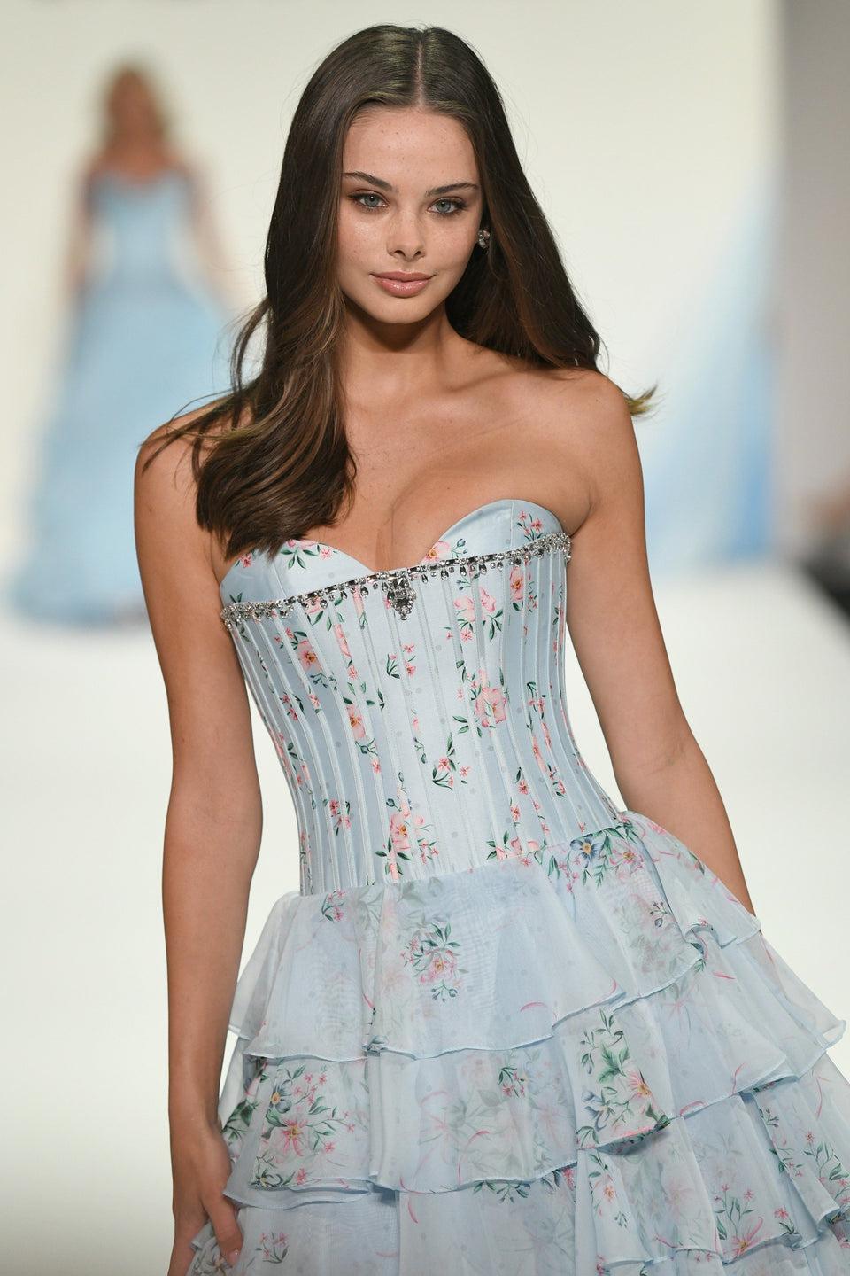 Sherri Hill Strapless Floral Ballgown With Corset Bodice And Chiffon Ruffle Skirt