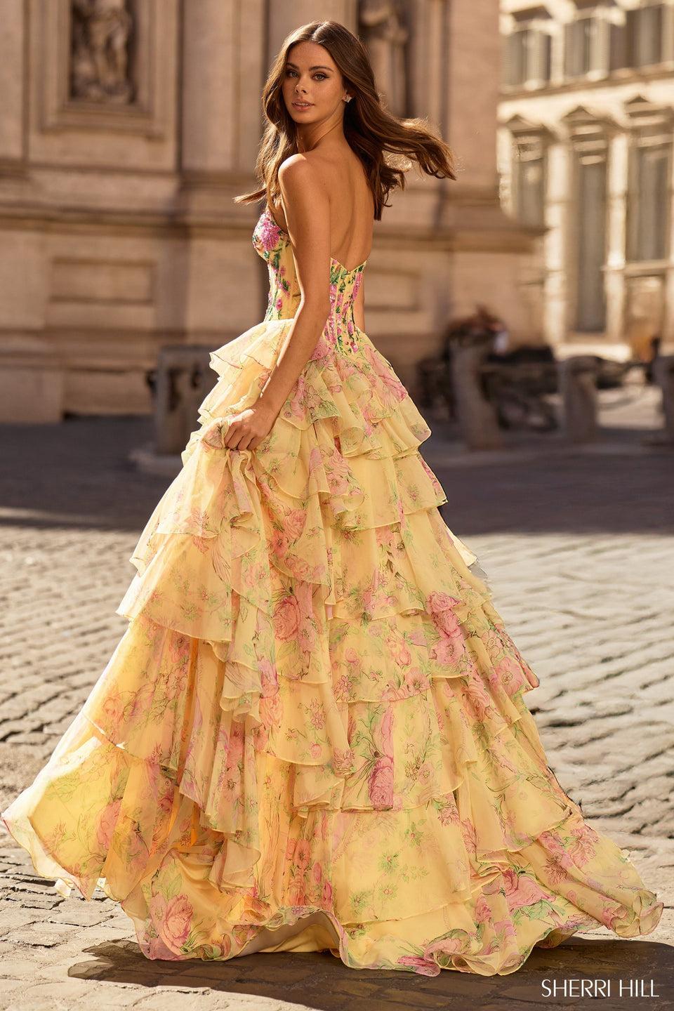 Sherri Hill Strapless Floral Gown With Beaded Corset Bodice And Chiffon Ruffle Skirt