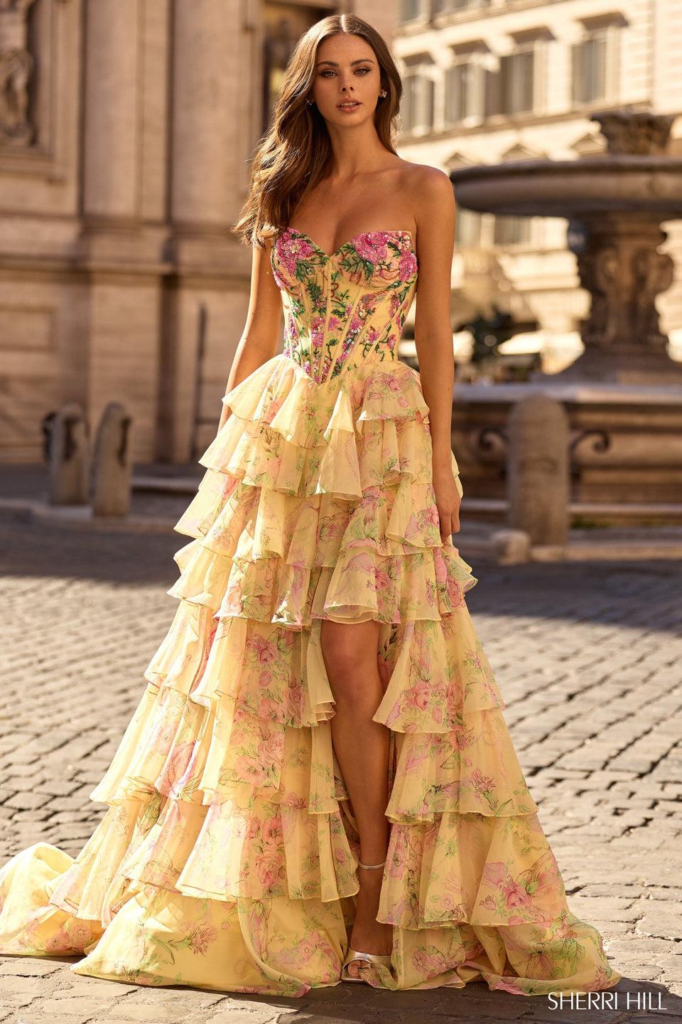 Sherri Hill Strapless Floral Gown With Beaded Corset Bodice And Chiffon Ruffle Skirt