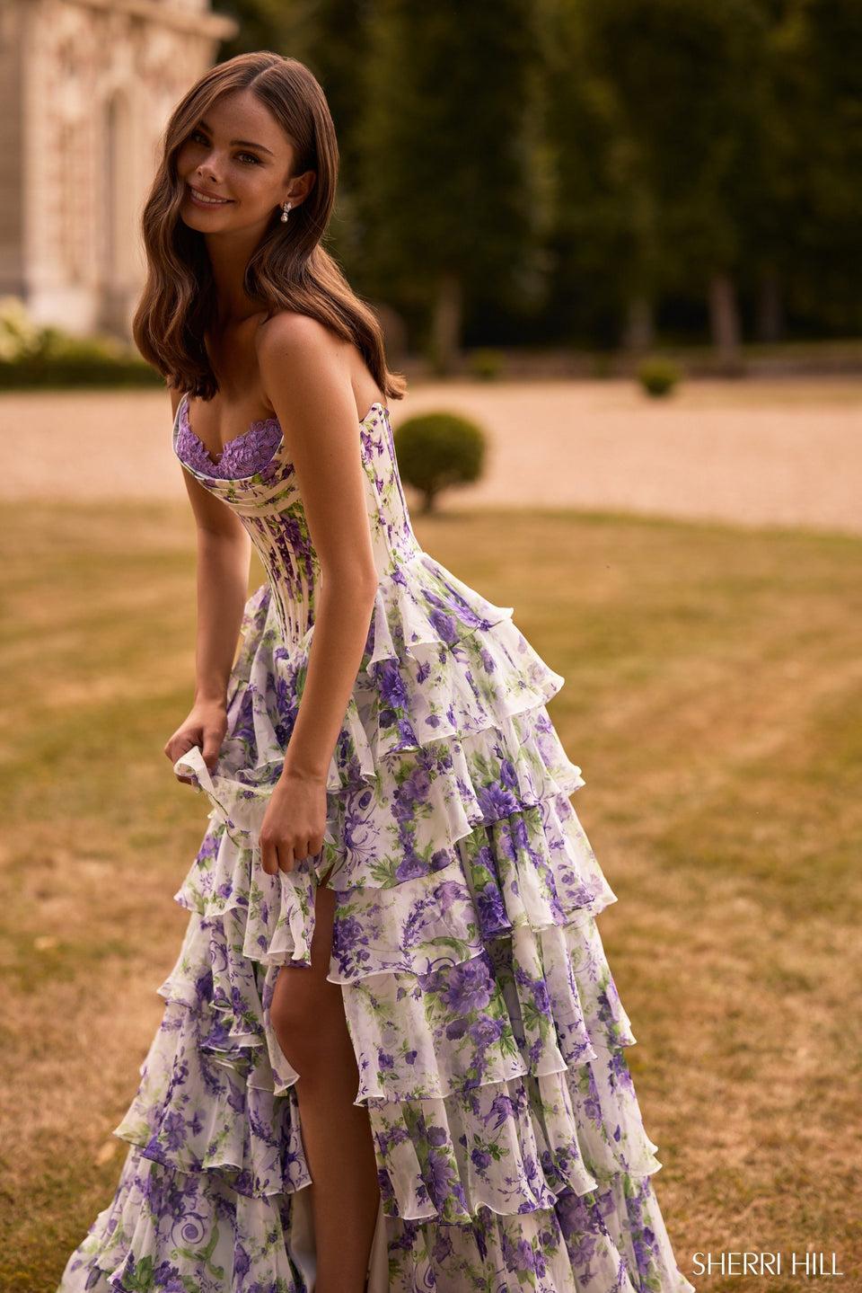 Sherri Hill Strapless Floral Gown With Chiffon Ruffle Skirt