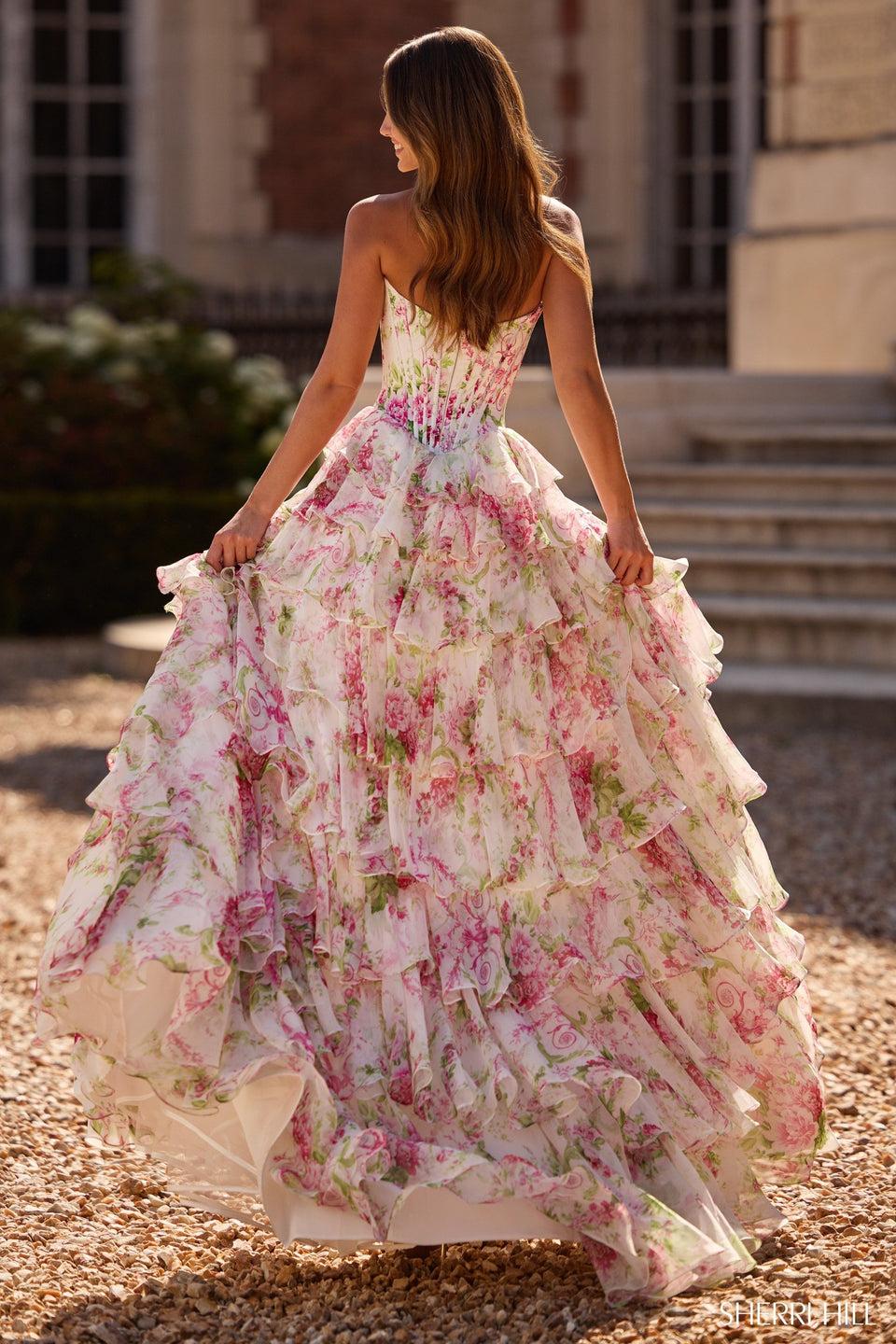 Sherri Hill Strapless Floral Gown With Chiffon Ruffle Skirt With Slit