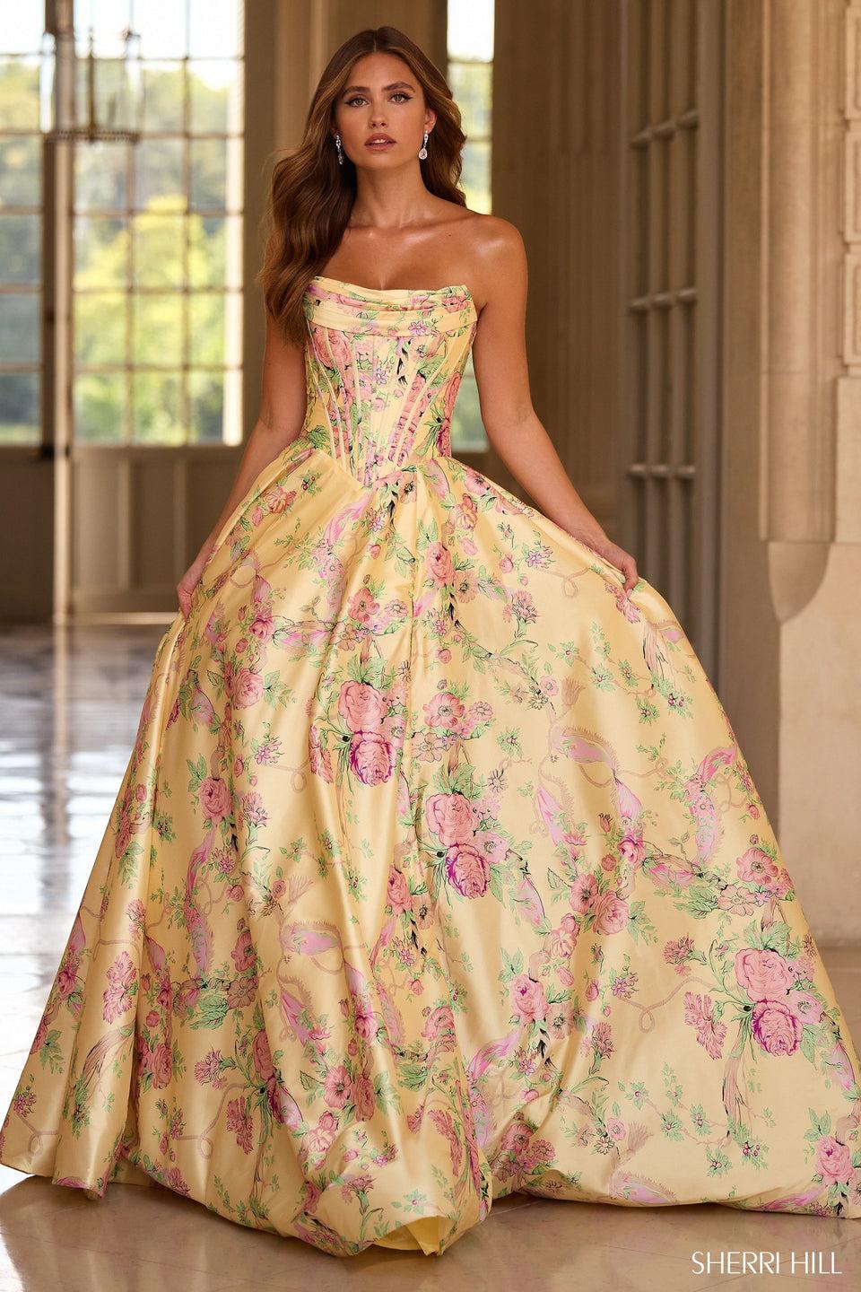 Sherri Hill Strapless Floral Gown With Corset Bodice