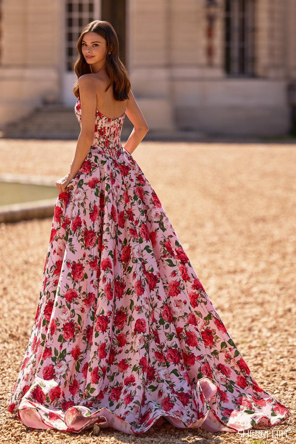Sherri Hill Strapless Floral Gown With Corset Bodice