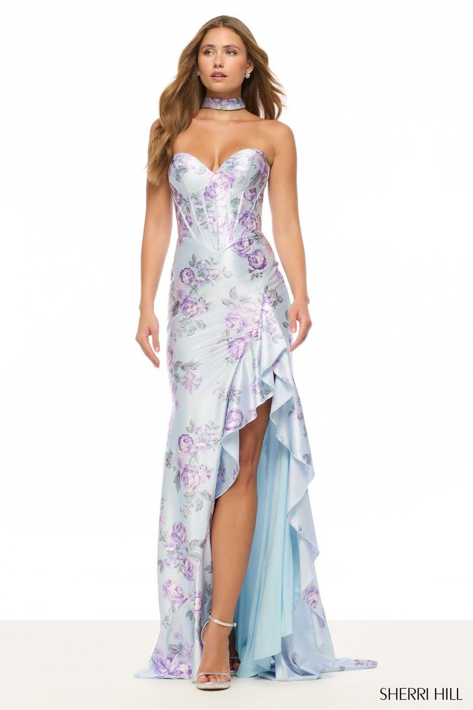 sherri hill Strapless floral gown with corset bodice ruffle on skirt slit and a choker