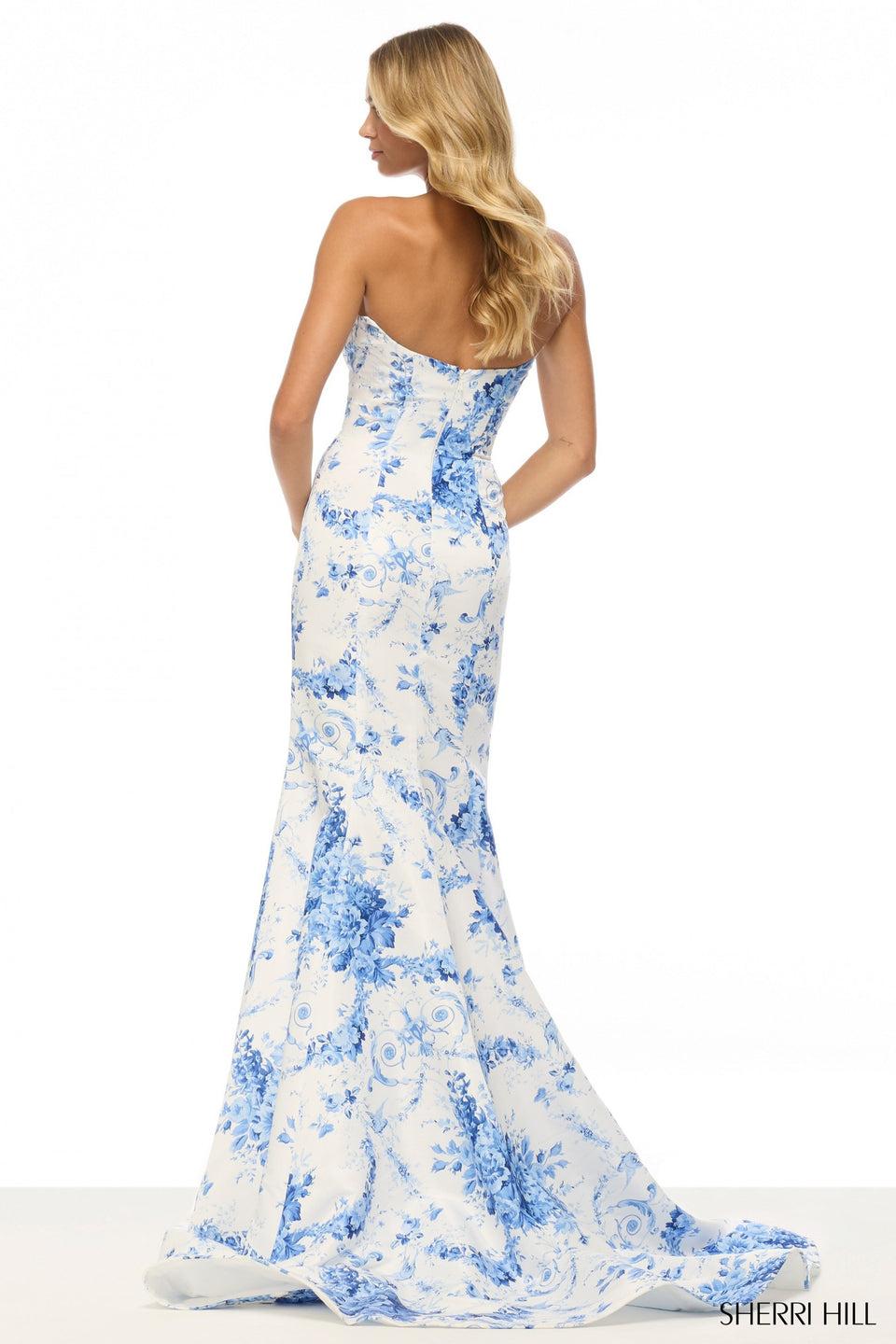 Sherri Hill Strapless Floral Mermaid Gown With Skirt Slit