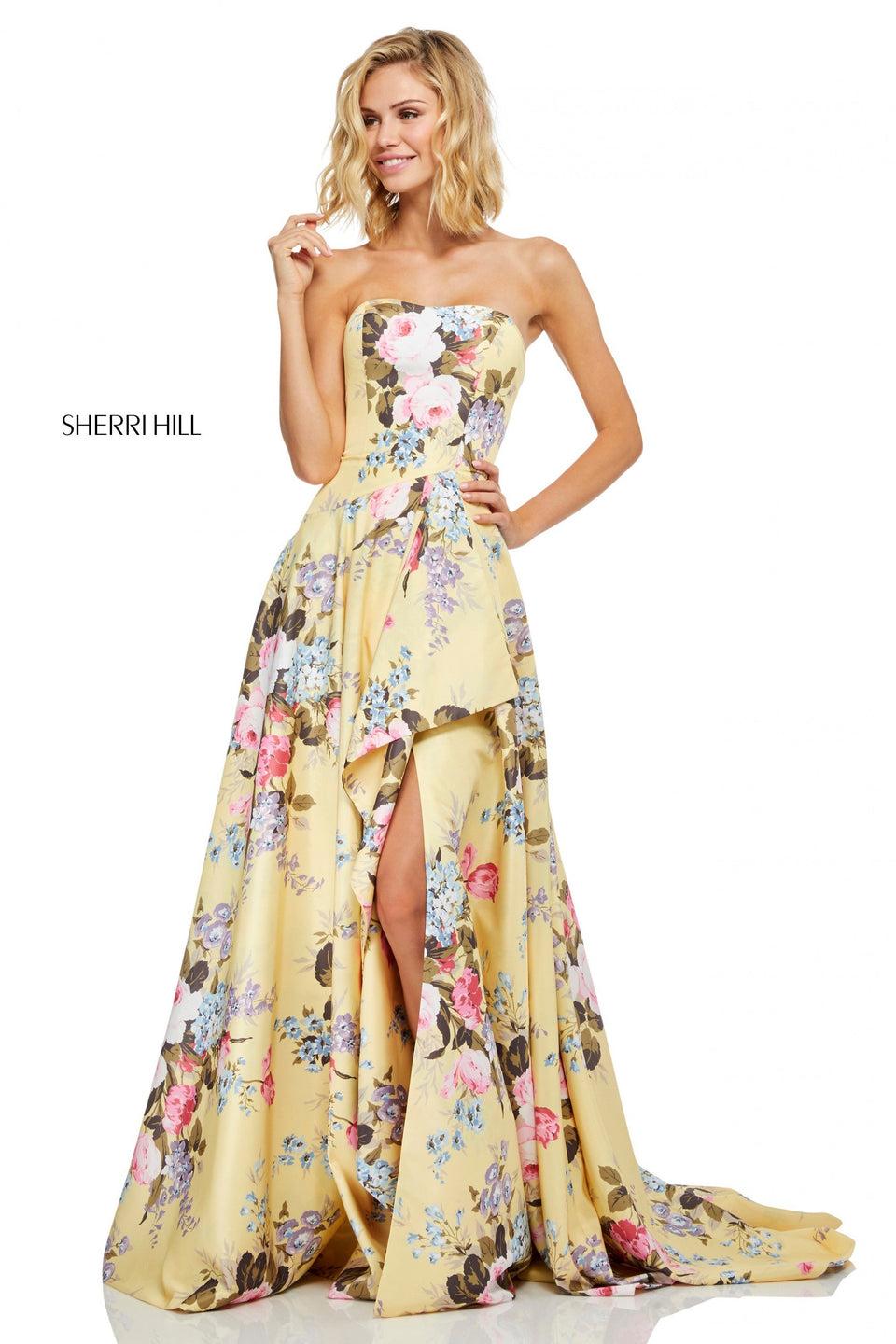 Sherri Hill Strapless Floral Print Gown With A Ruffle Front Slit
