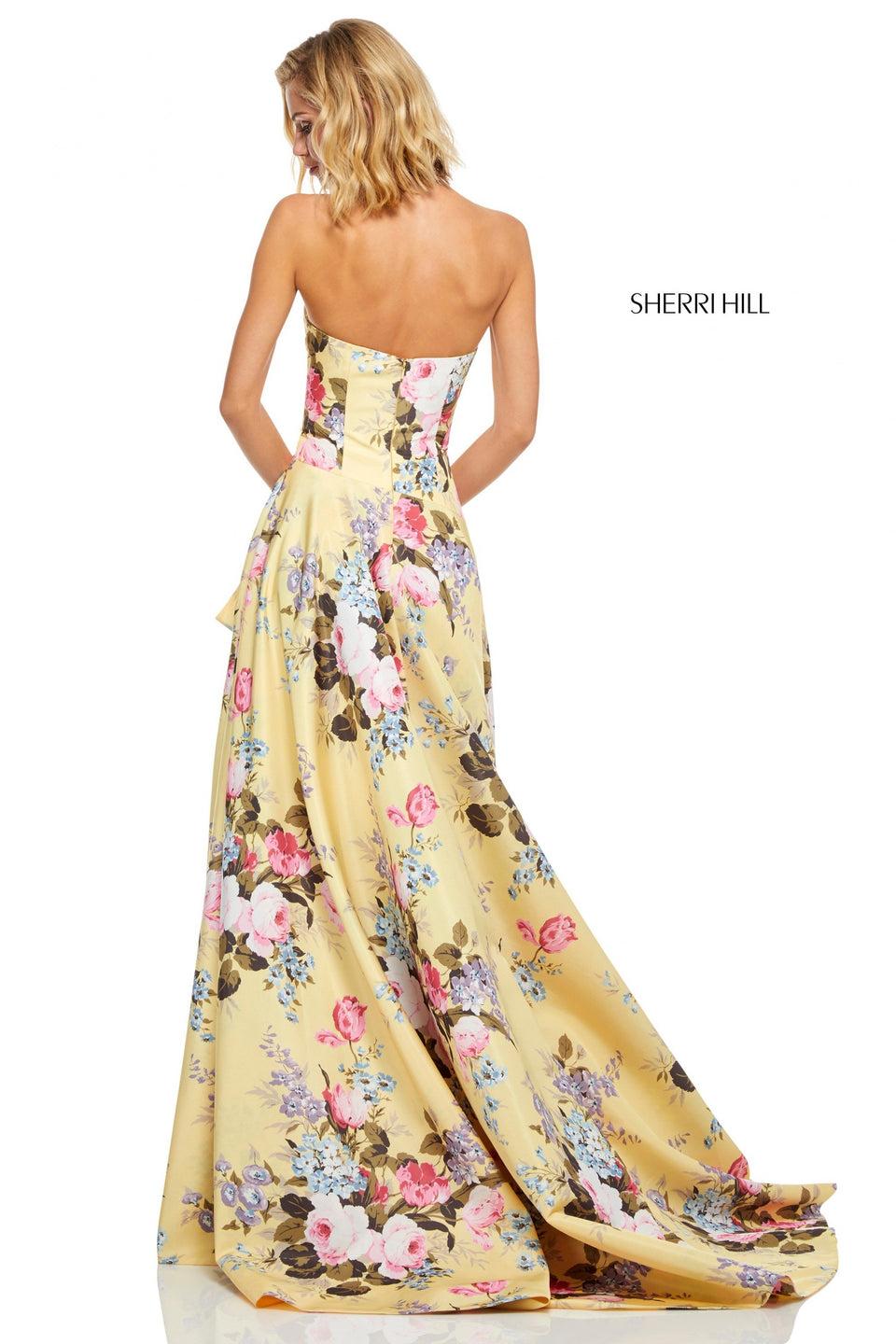 Sherri Hill Strapless Floral Print Gown With A Ruffle Front Slit
