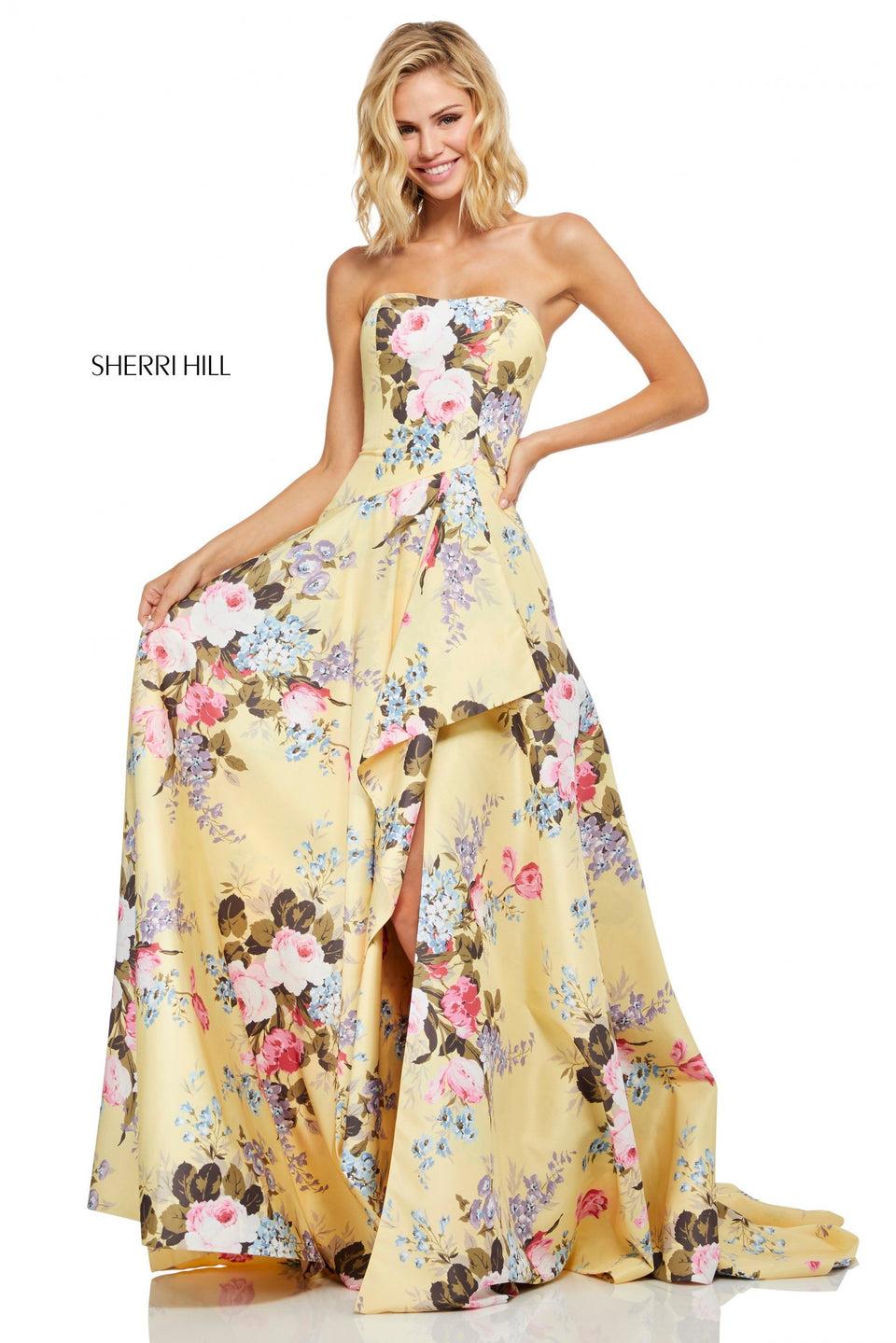 sherri hill Strapless floral print gown with a ruffle front slit