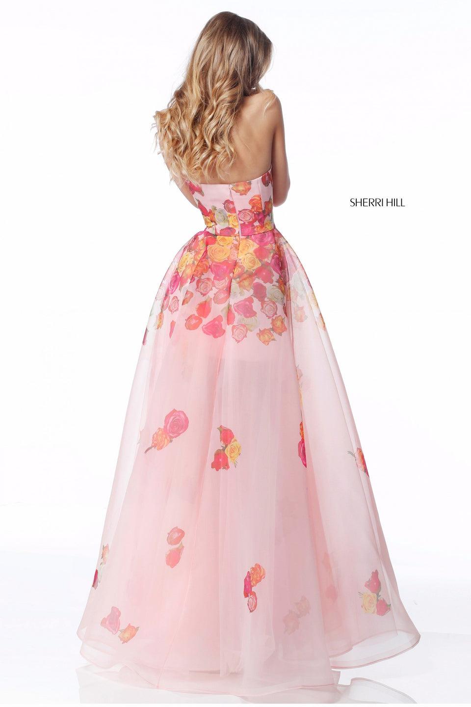 Sherri Hill Strapless Floral Print Organza Ball Gown