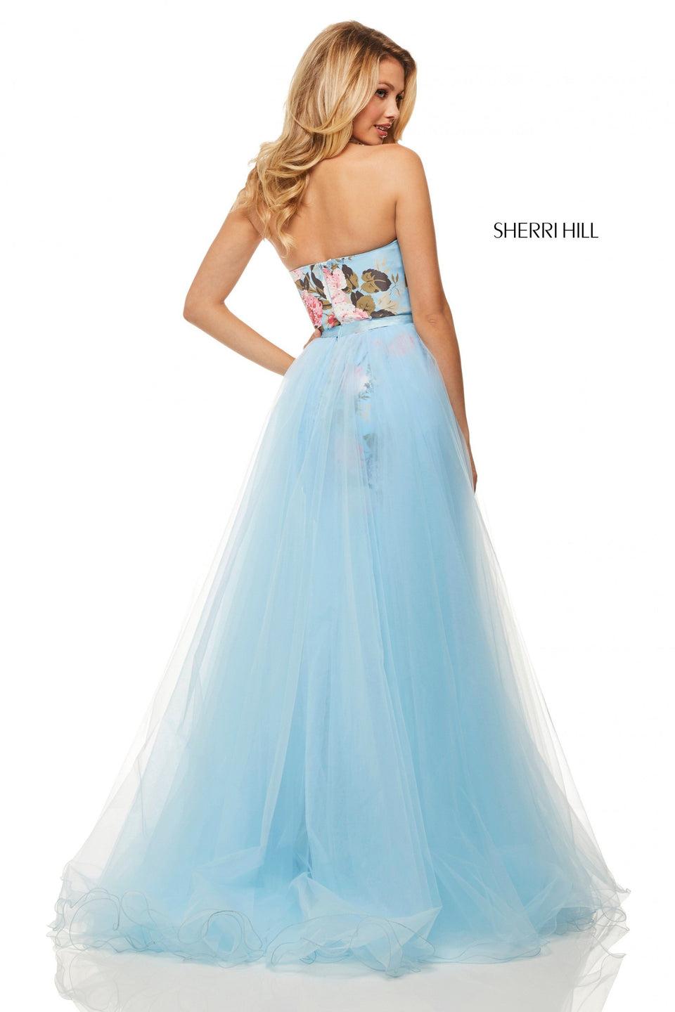 Sherri Hill Strapless Floral Print Taffeta Fitted Gown With Tulle Overskirt