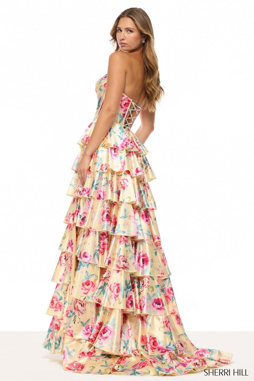 Sherri Hill Strapless Floral Stretch Satin Gown With Corset Bodice And A Ruffle Skirt With Slit