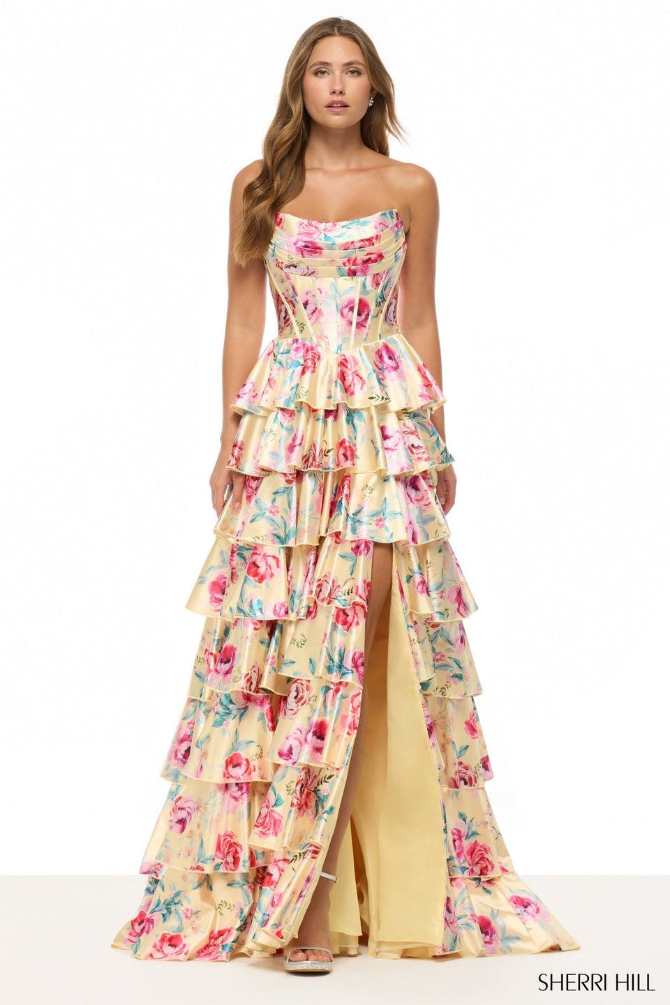 sherri hill Strapless floral stretch satin gown with corset bodice and a ruffle skirt with slit