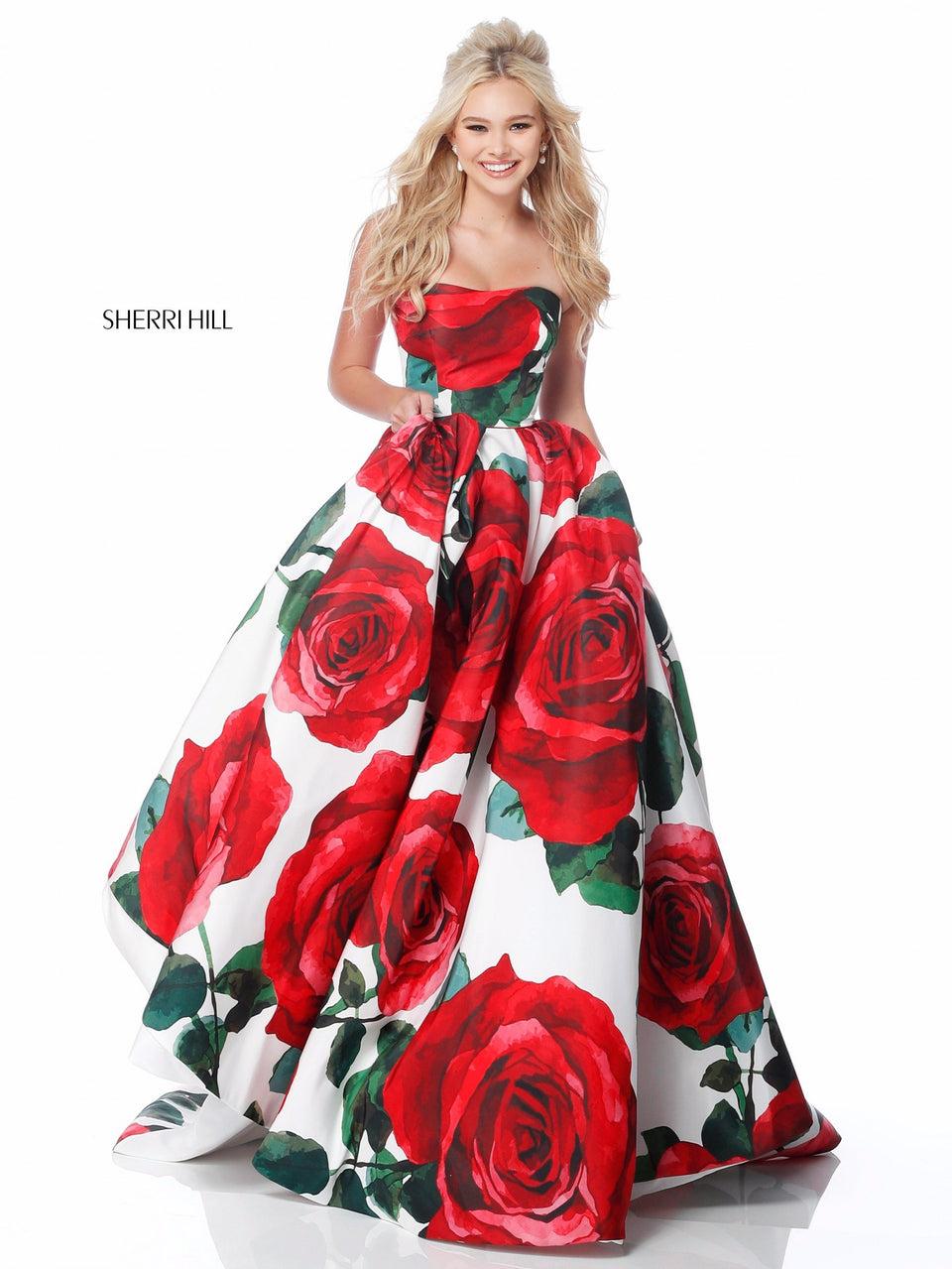 Sherri Hill Strapless Floral Taffeta Ball Gown With Train