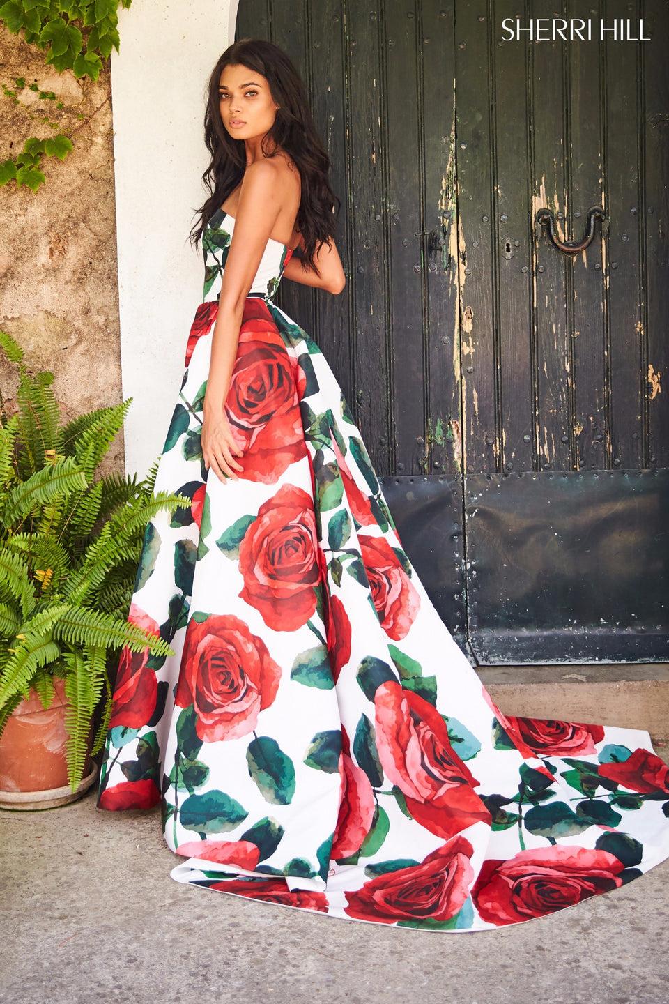 sherri hill Strapless floral taffeta ball gown with train