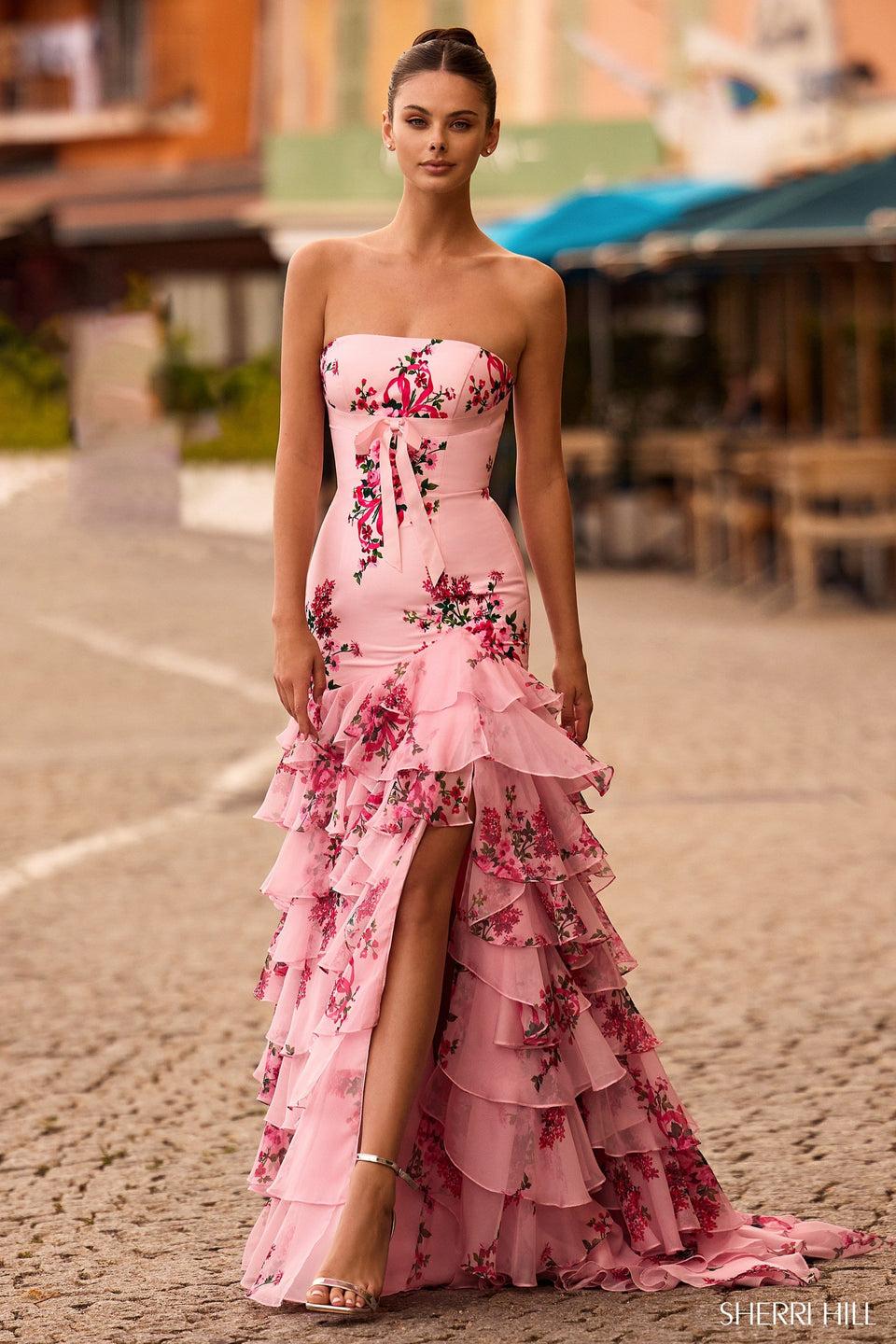 Sherri Hill Strapless Floral Taffeta Mermaid Gown With Chiffon Ruffle Skirt Slit
