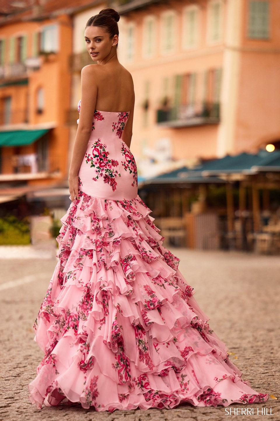 Sherri Hill Strapless Floral Taffeta Mermaid Gown With Chiffon Ruffle Skirt Slit