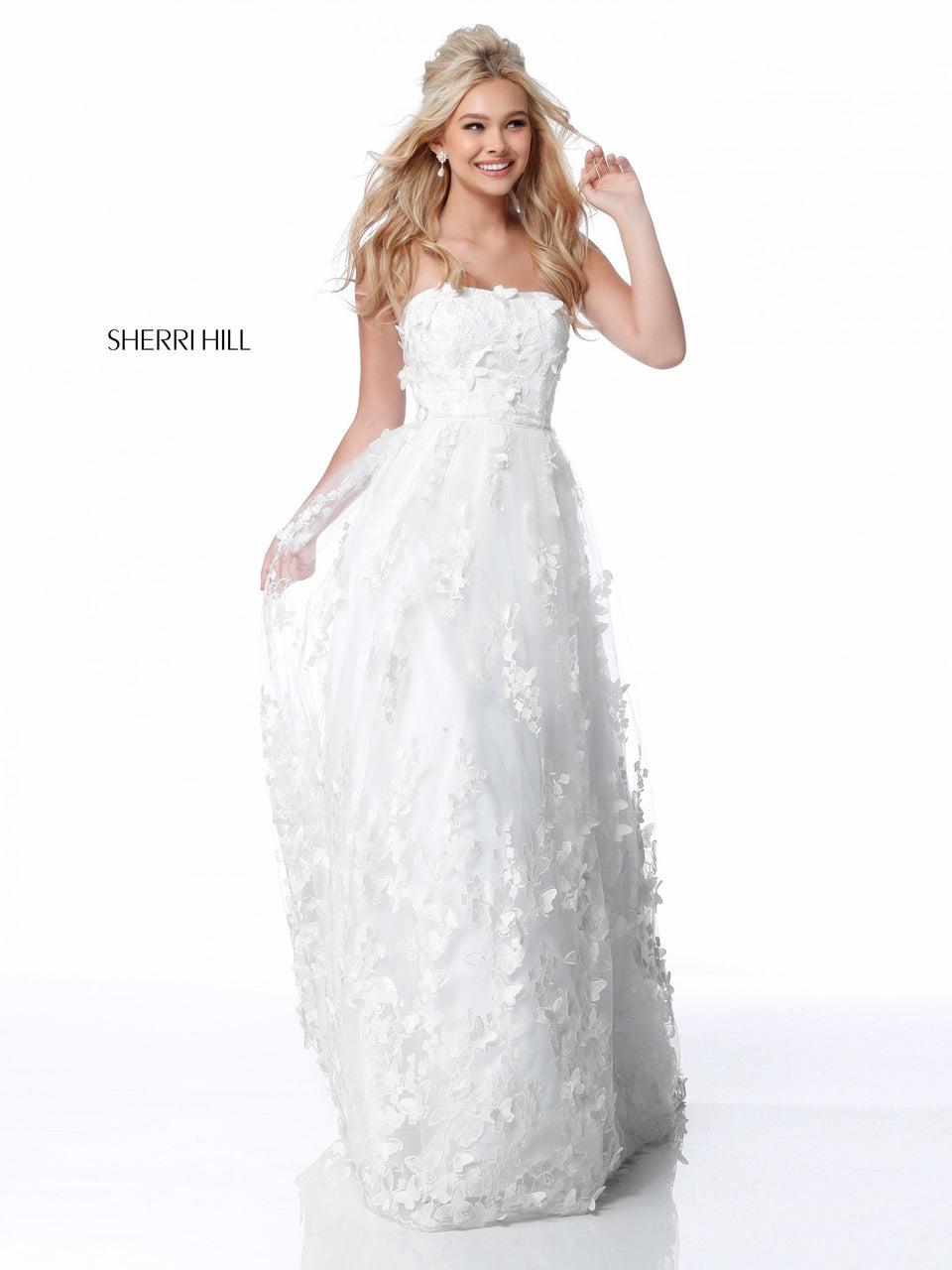 Sherri Hill Strapless Flower Appliqued Tulle Ball Gown