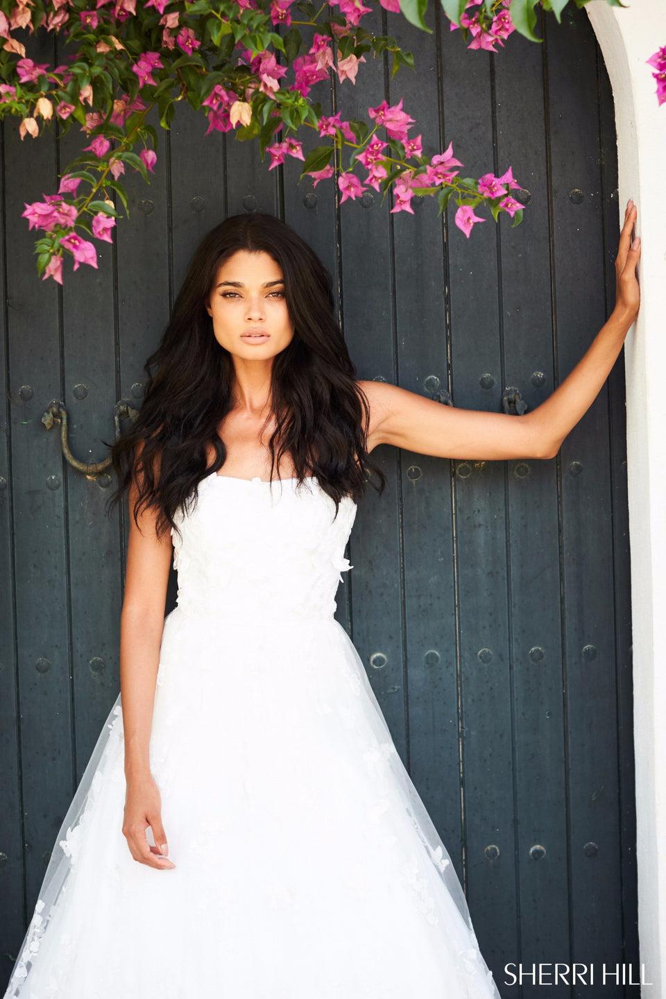 Sherri Hill Strapless Flower Appliqued Tulle Ball Gown