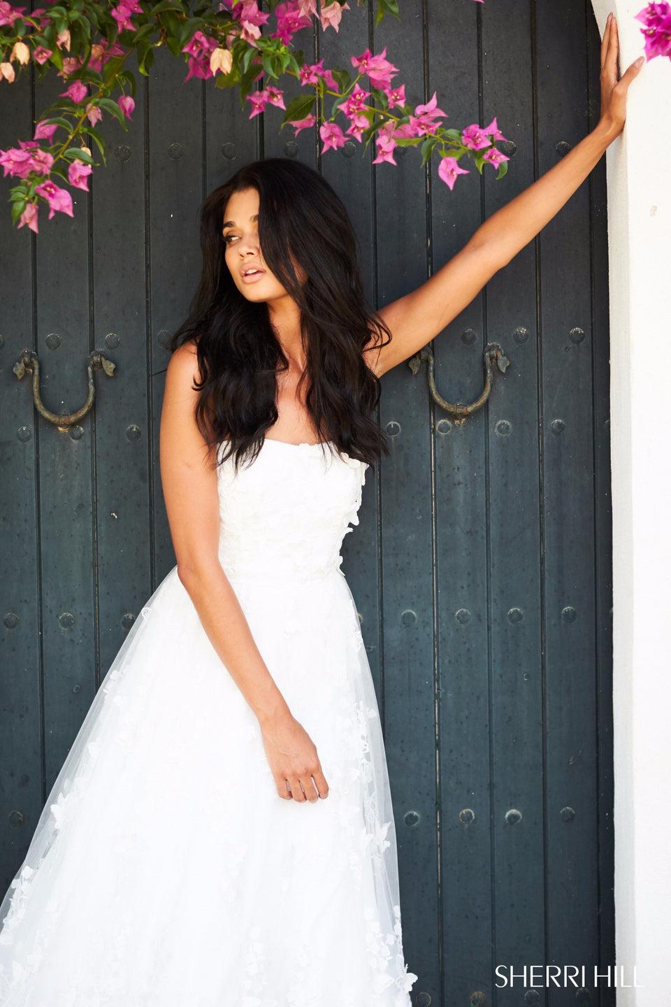sherri hill Strapless flower appliqued tulle ball gown