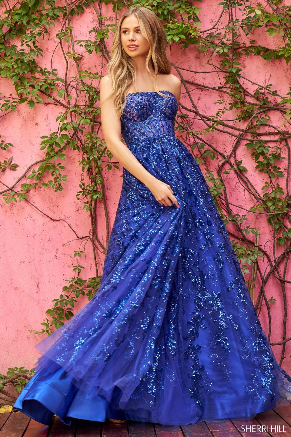 sherri hill Strapless glitter laced embellished ballgown
