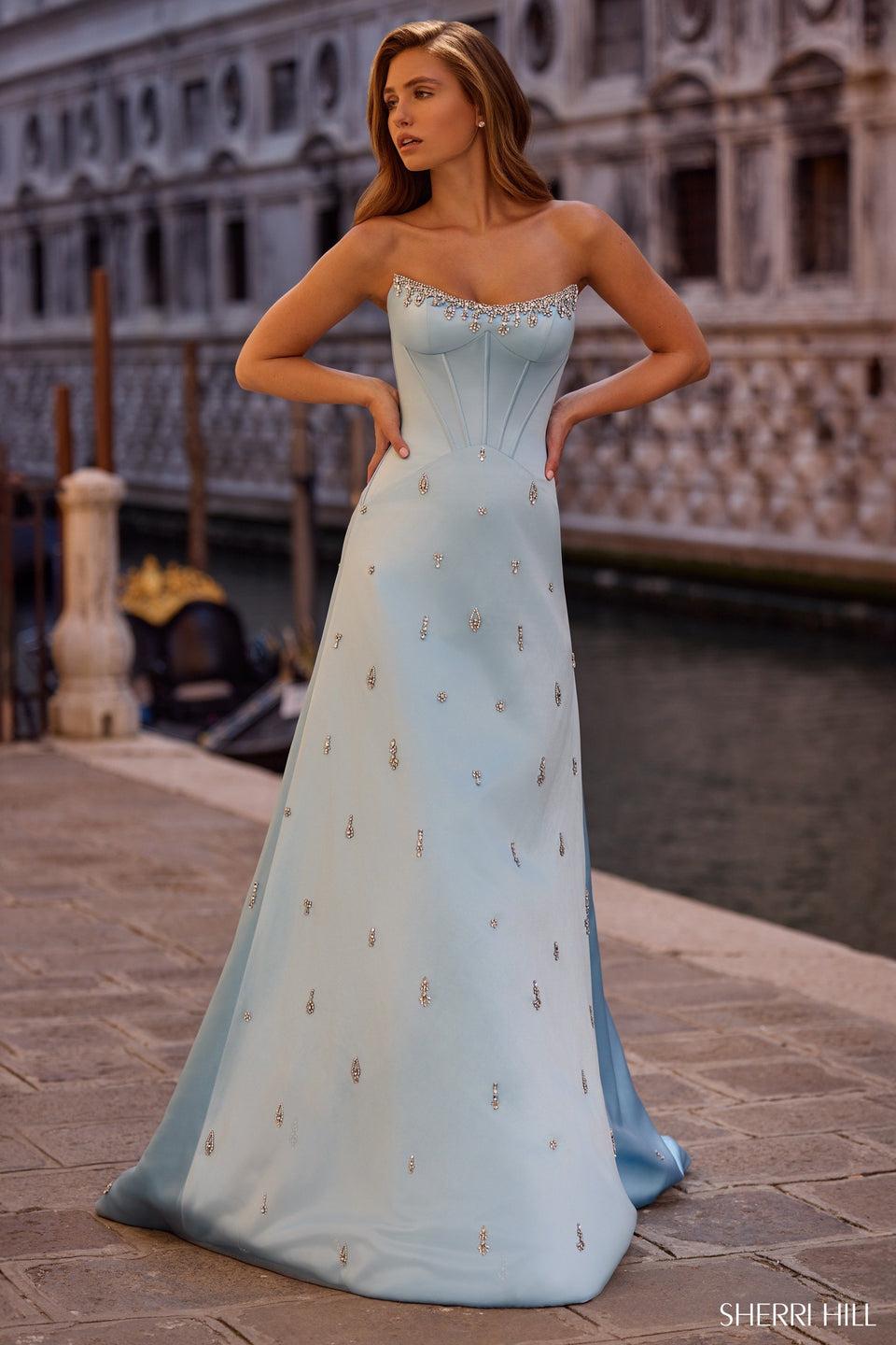 Sherri Hill Strapless Gown With Corset Bodice And Bead Embellishments