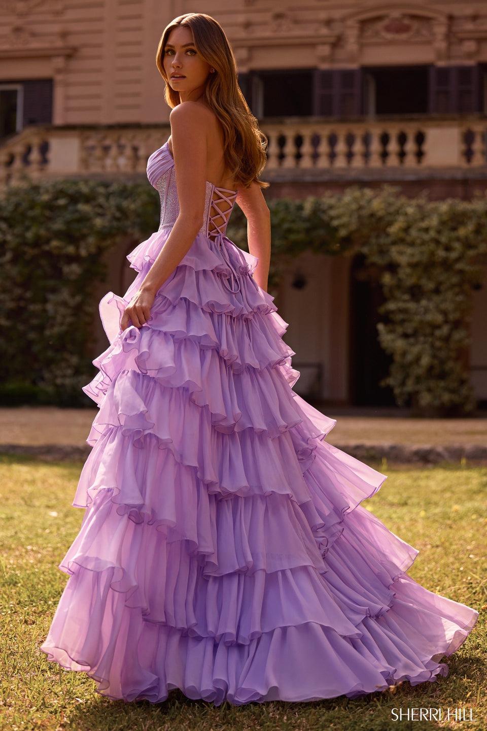 Sherri Hill Strapless Gown With Hot Fix Corset Bodice And Chiffon Ruffle Skirt With Slit