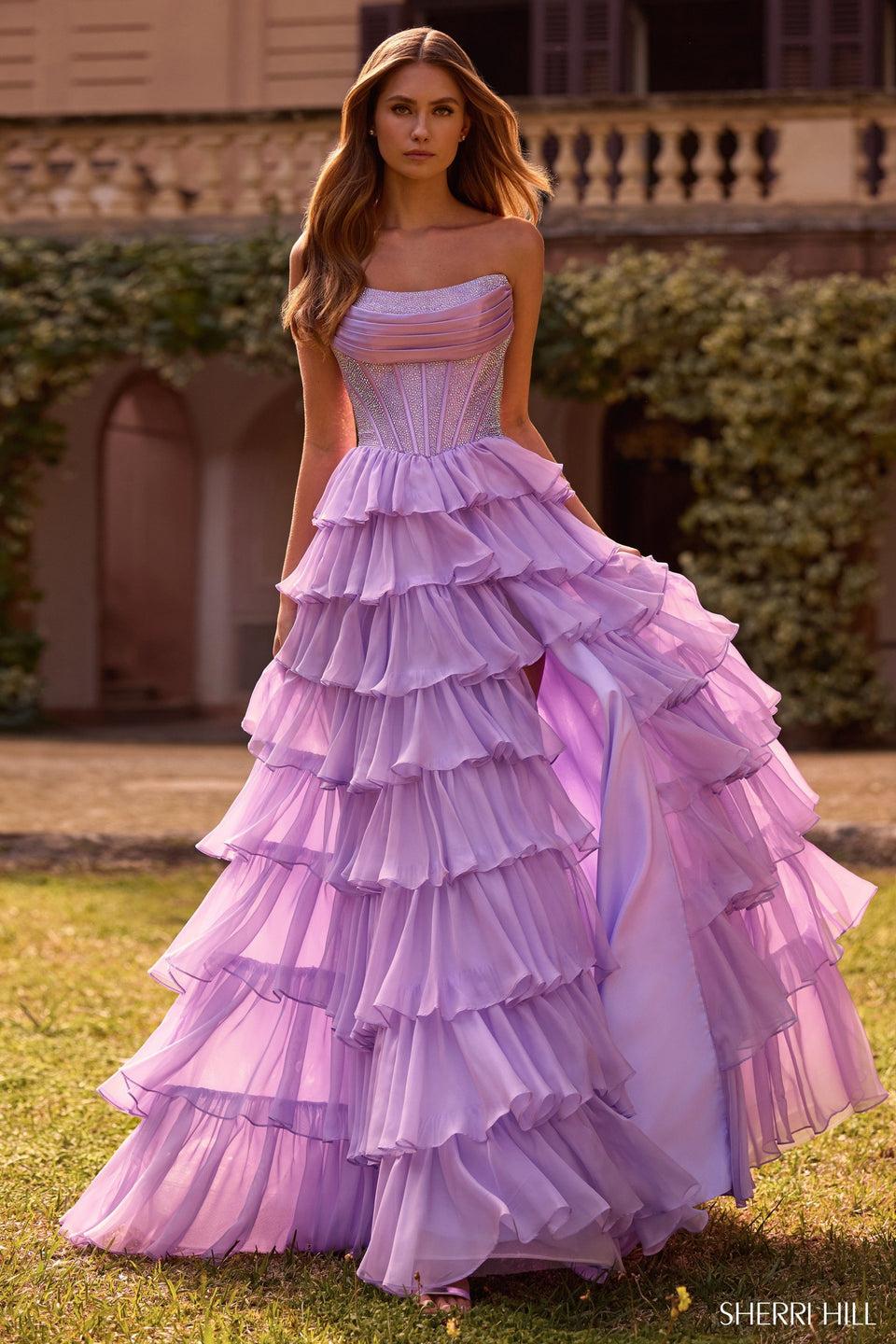 Sherri Hill Strapless Gown With Hot Fix Corset Bodice And Chiffon Ruffle Skirt With Slit
