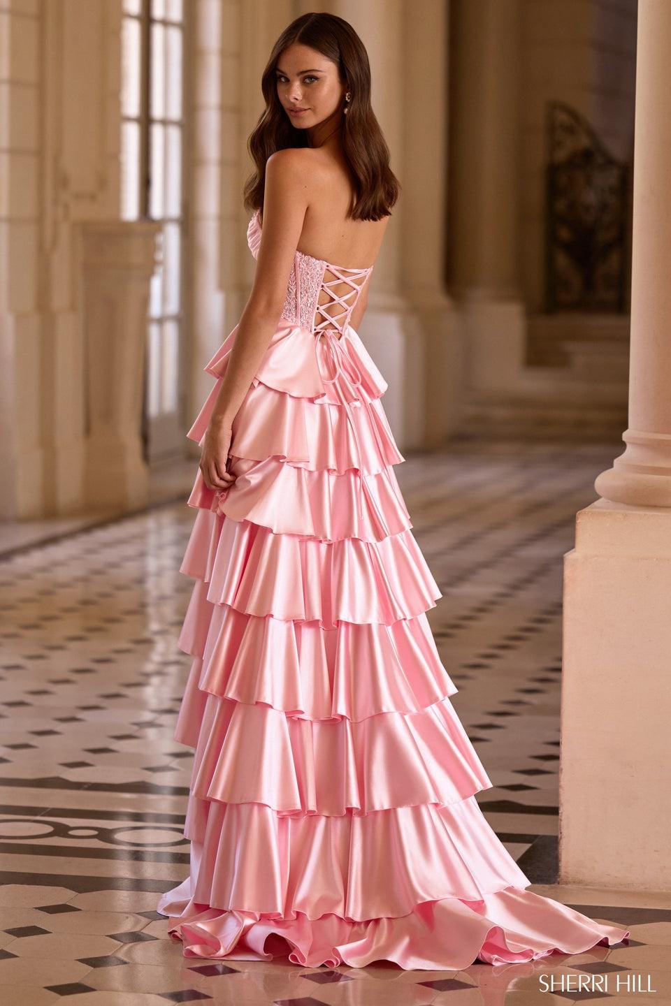 Sherri Hill Strapless Gown With Lace Corset Bodice And Stretch Satin Ruffle Skirt With Slit