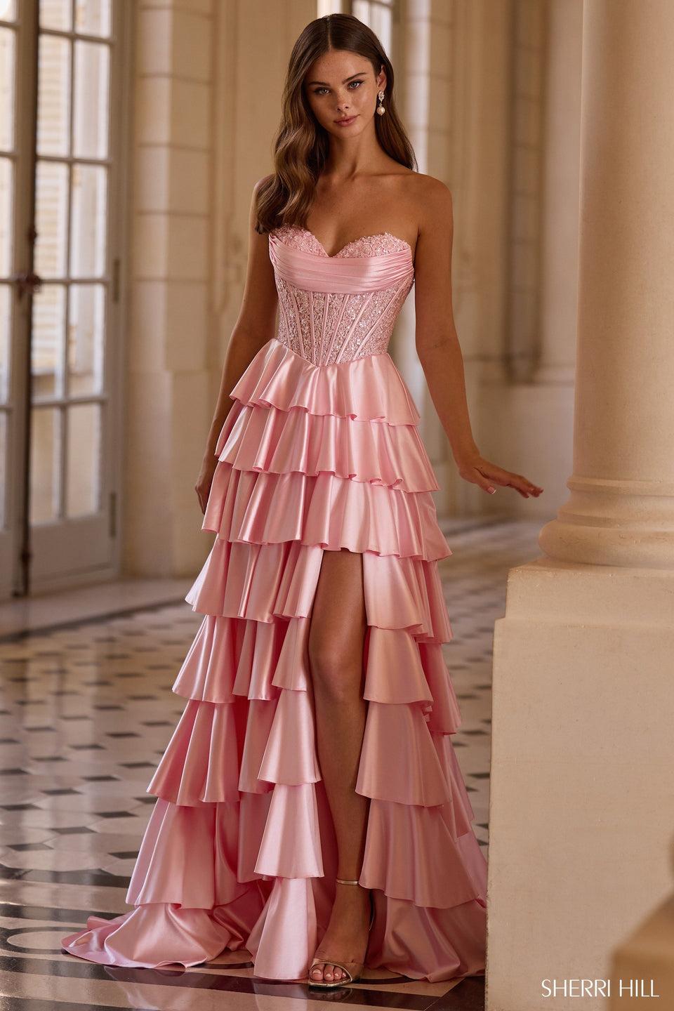 sherri hill Strapless gown with lace corset bodice and stretch satin ruffle skirt with slit