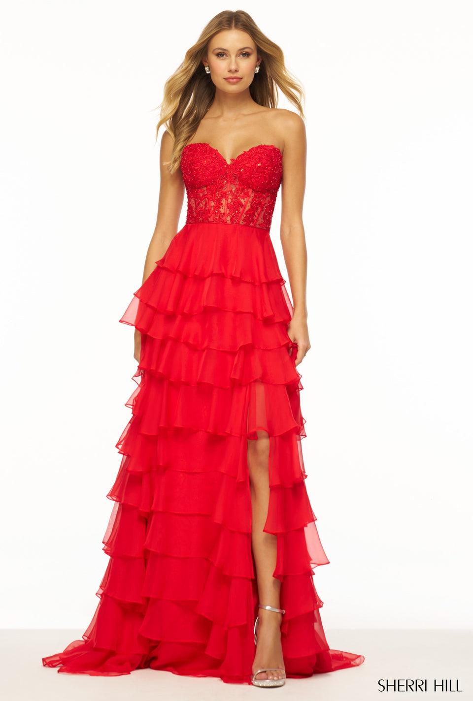 Sherri Hill Strapless Gown With Leaf Lace Corset Top Chiffon Ruffle Skirt With Slit And Lace Up Back