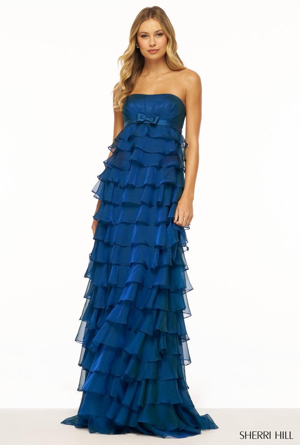 sherri hill Strapless gown with ruffle skirt and bow embellishment sherri hill Strapless gown with ruffle skirt and bow embellishment