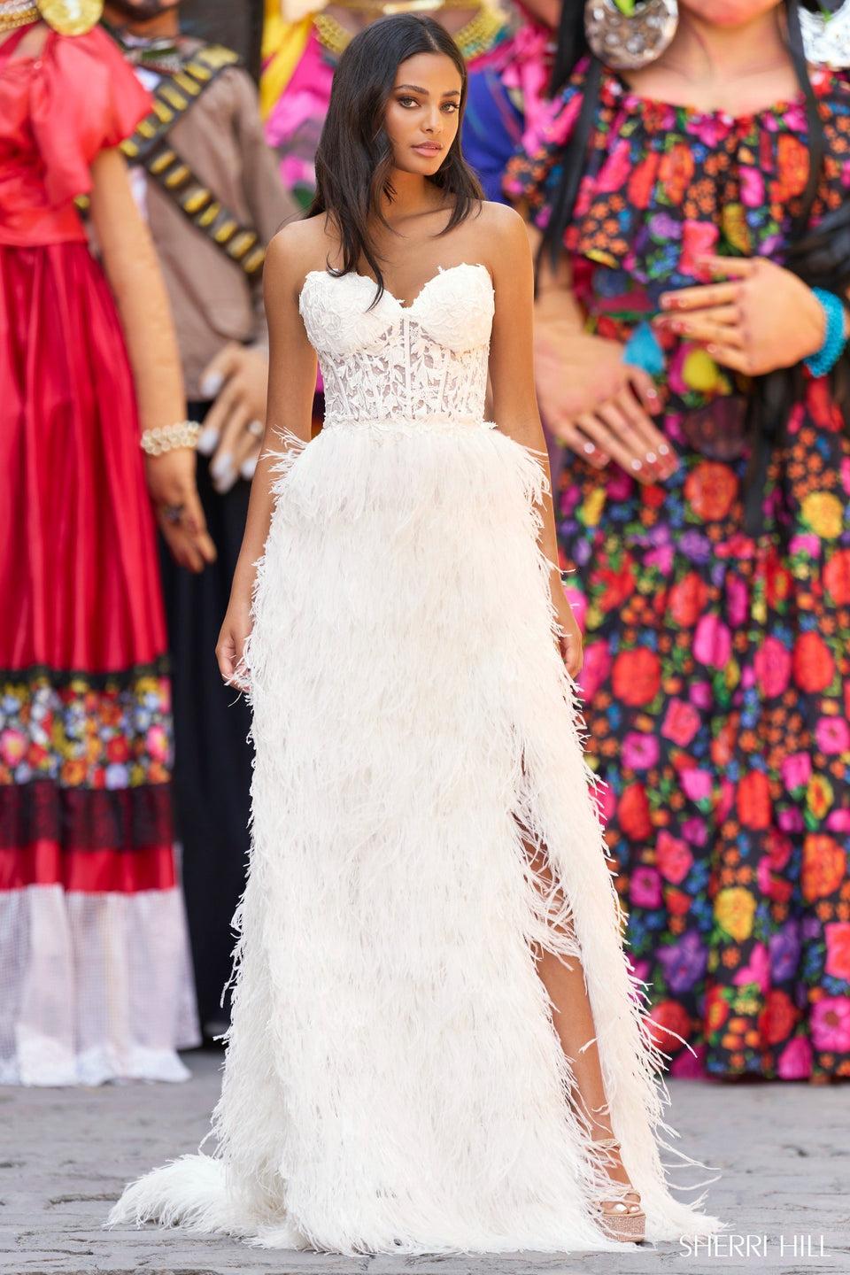 Sherri Hill Strapless Gown With Sheer Corset Bodice And Feathered Skirt With Slit