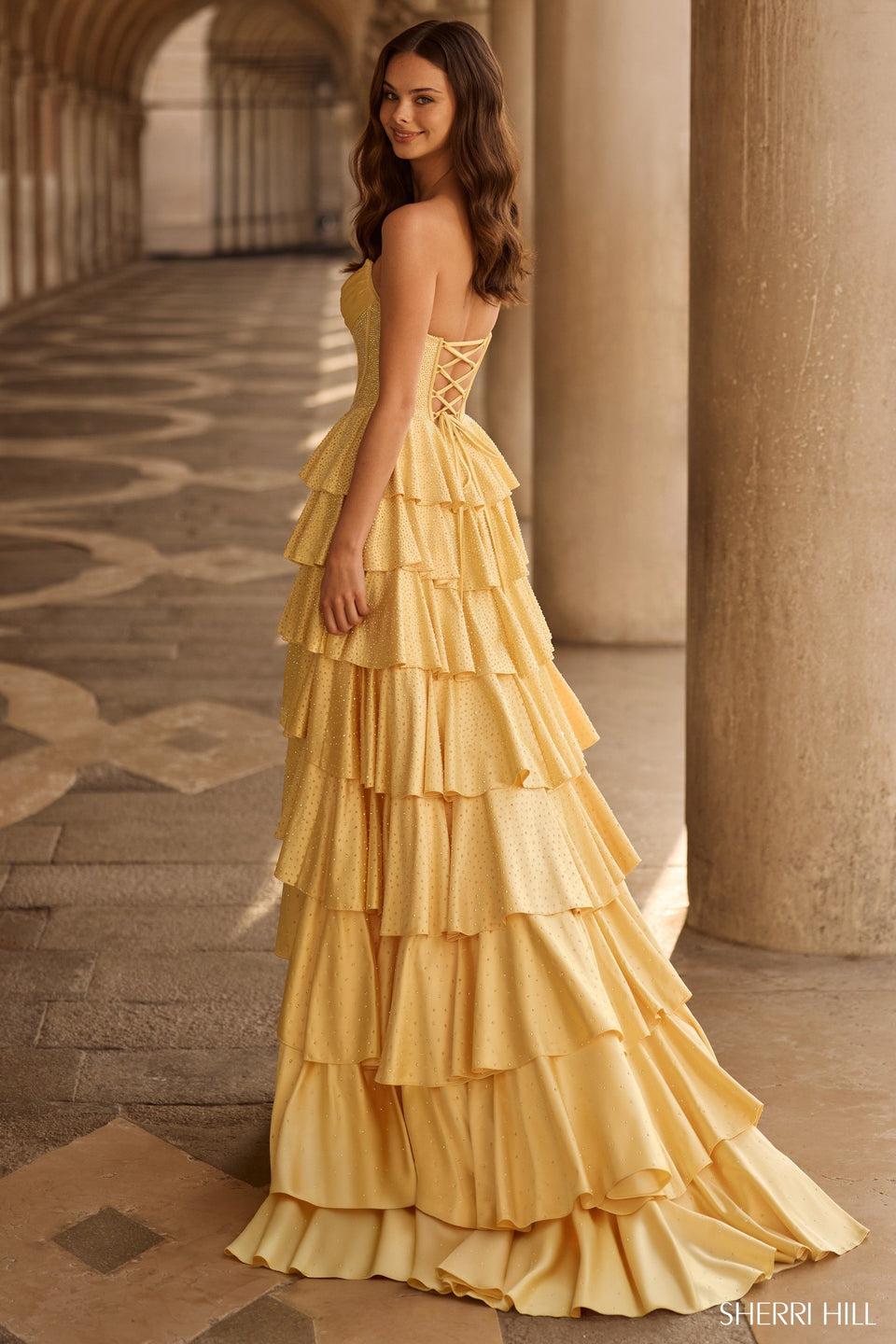 Sherri Hill Strapless Hot Fix A-line Gown With Corset Bodice Ruffle Skirt Lace Up Back And A Skirt Slit