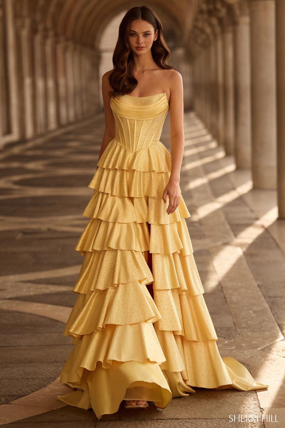 Sherri Hill Strapless Hot Fix A-line Gown With Corset Bodice Ruffle Skirt Lace Up Back And A Skirt Slit