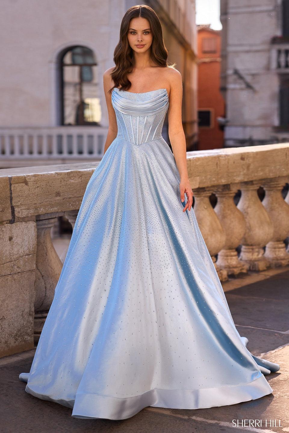 sherri hill Strapless hot fix ballgown with corset bodice and a lace up back