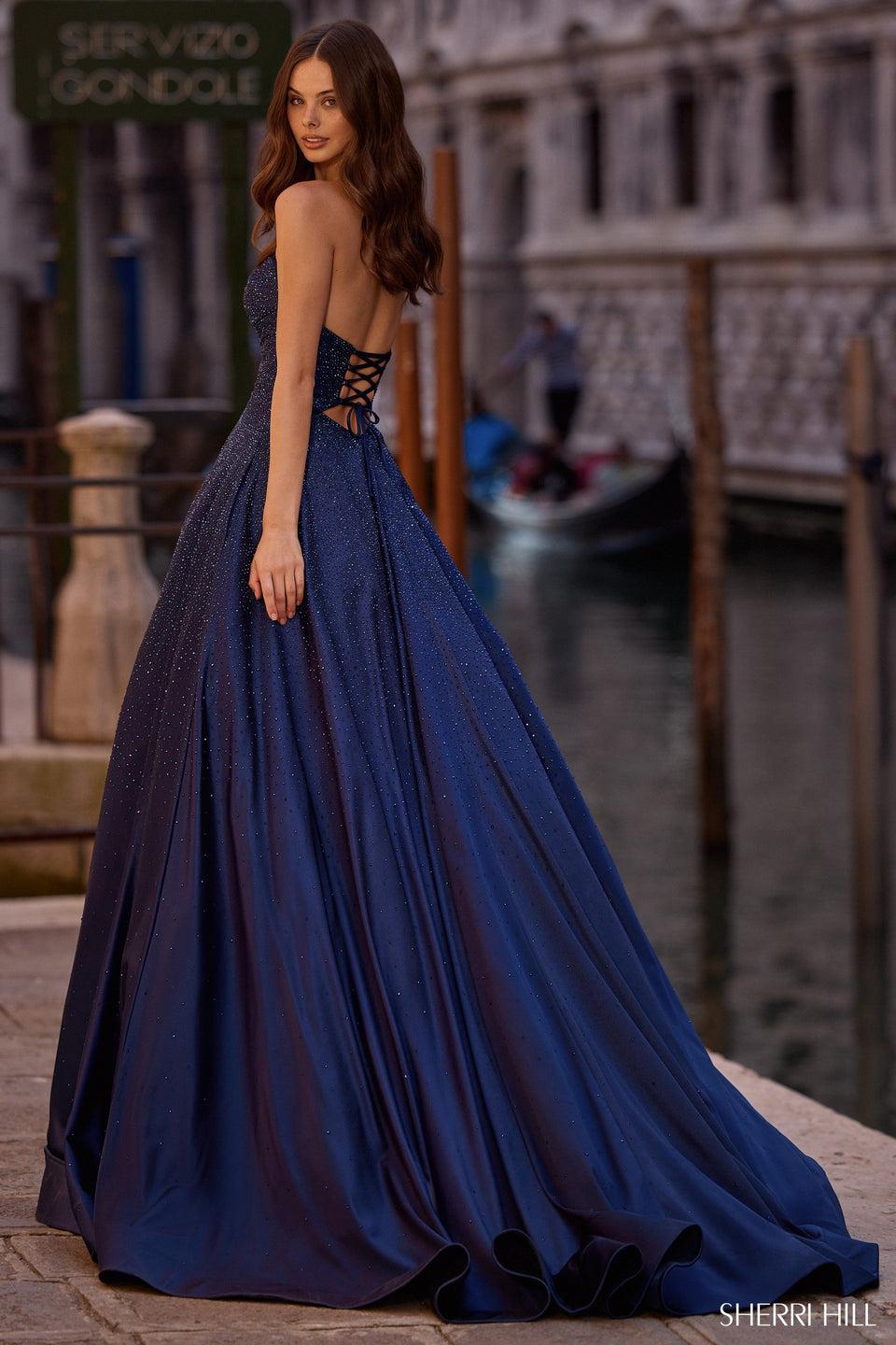 Sherri Hill Strapless Hot Fix Ballgown With Keyholes In Bodice And A Lace Up Back