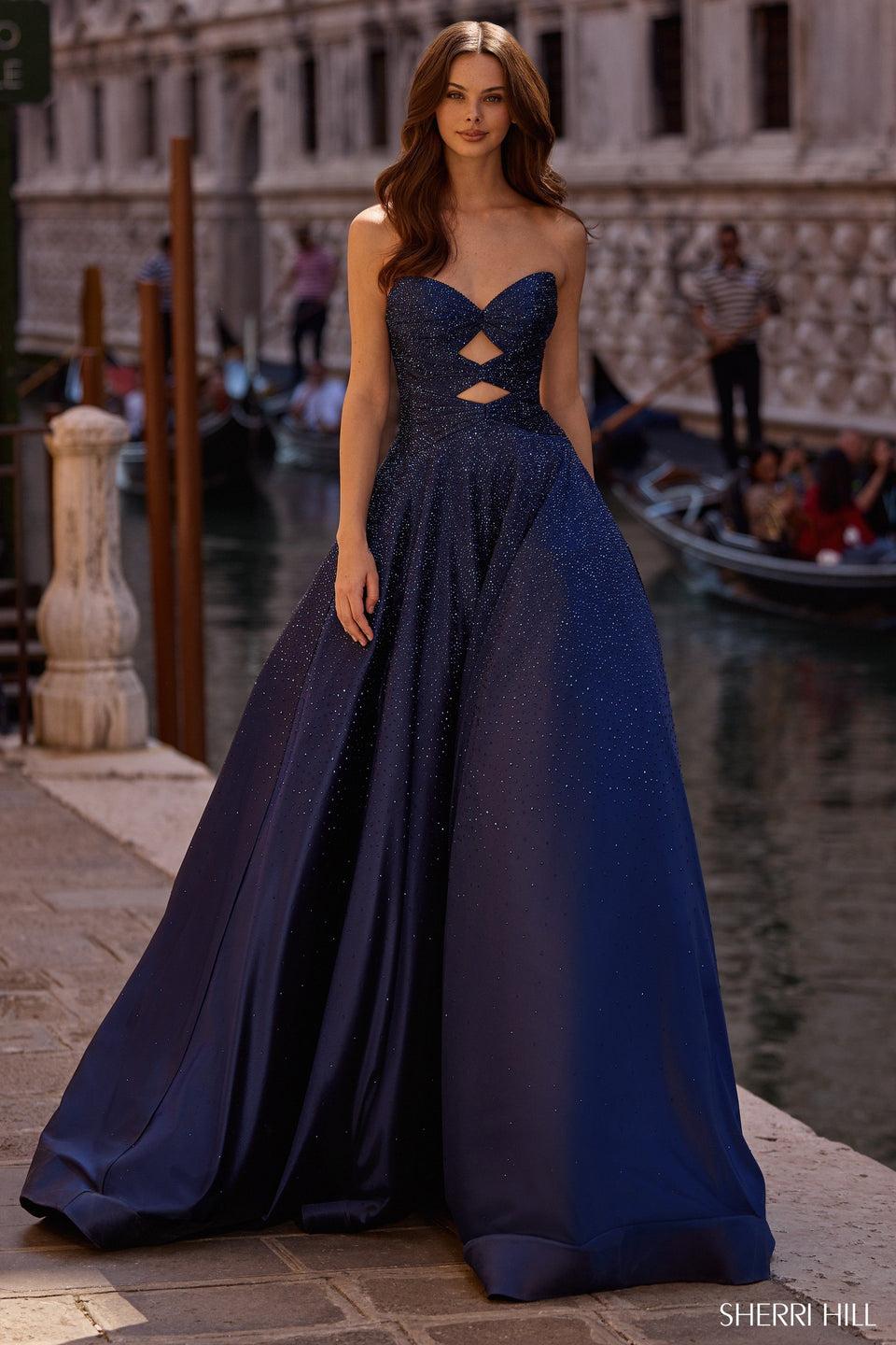 sherri hill Strapless hot fix ballgown with keyholes in bodice and a lace up back