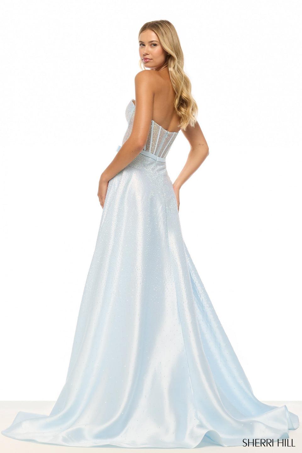 Sherri Hill Strapless Hot Fix Gown With Corset Bodice Drop Waist Bow And A Skirt Slit
