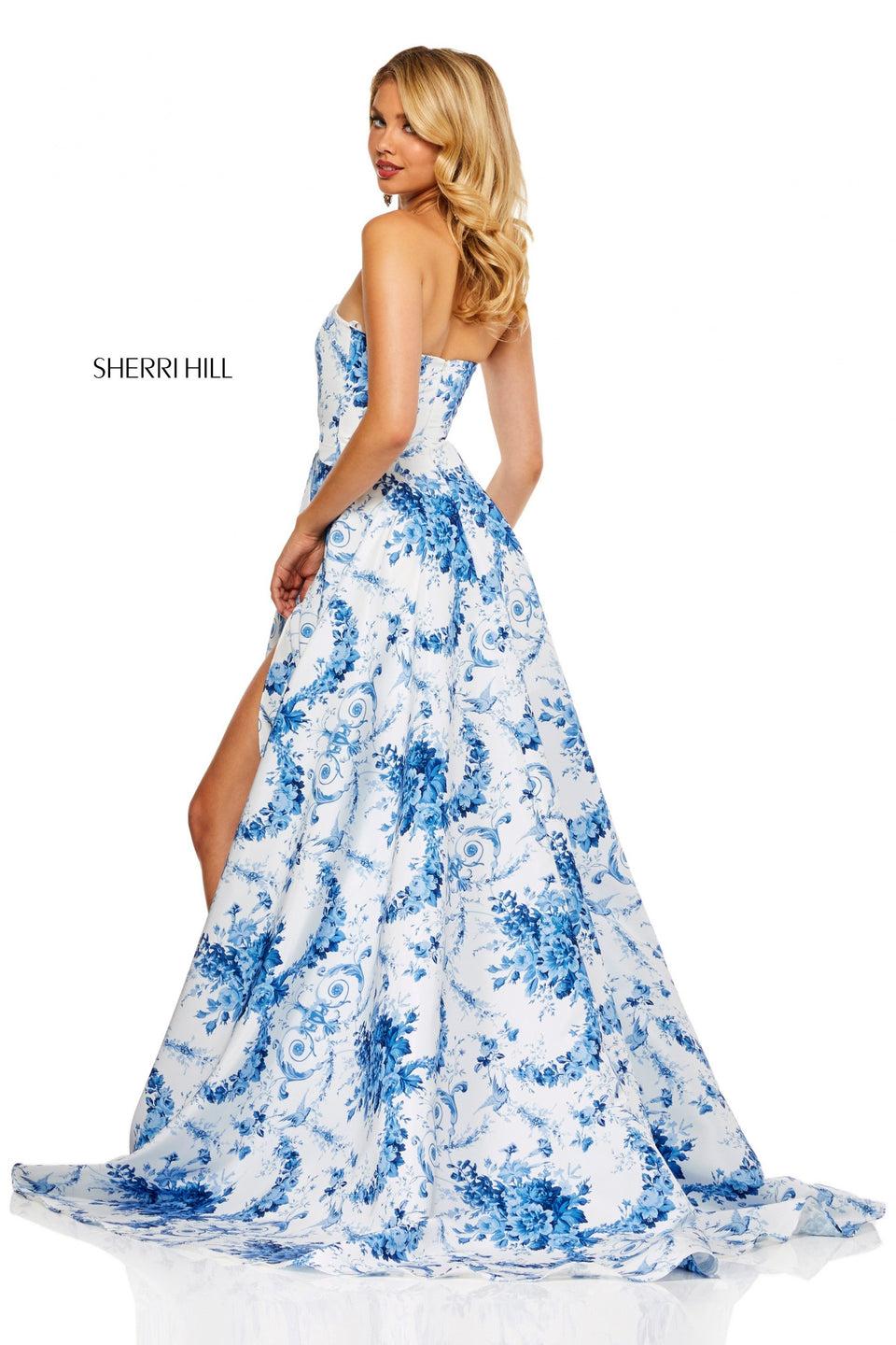Sherri Hill Strapless Ivory Blue Print Gown With A Ruffle Front Slit