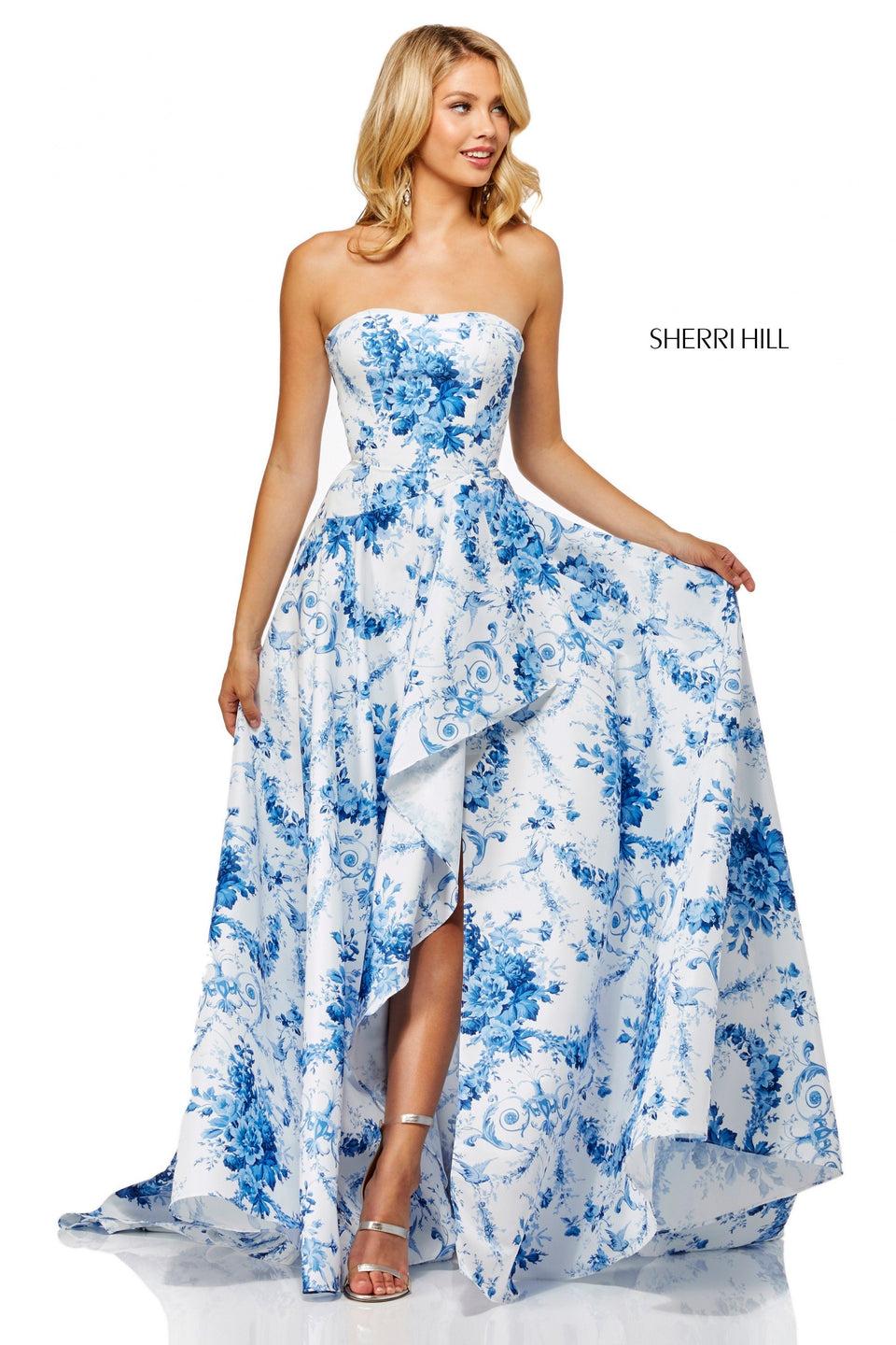 Sherri Hill Strapless Ivory Blue Print Gown With A Ruffle Front Slit