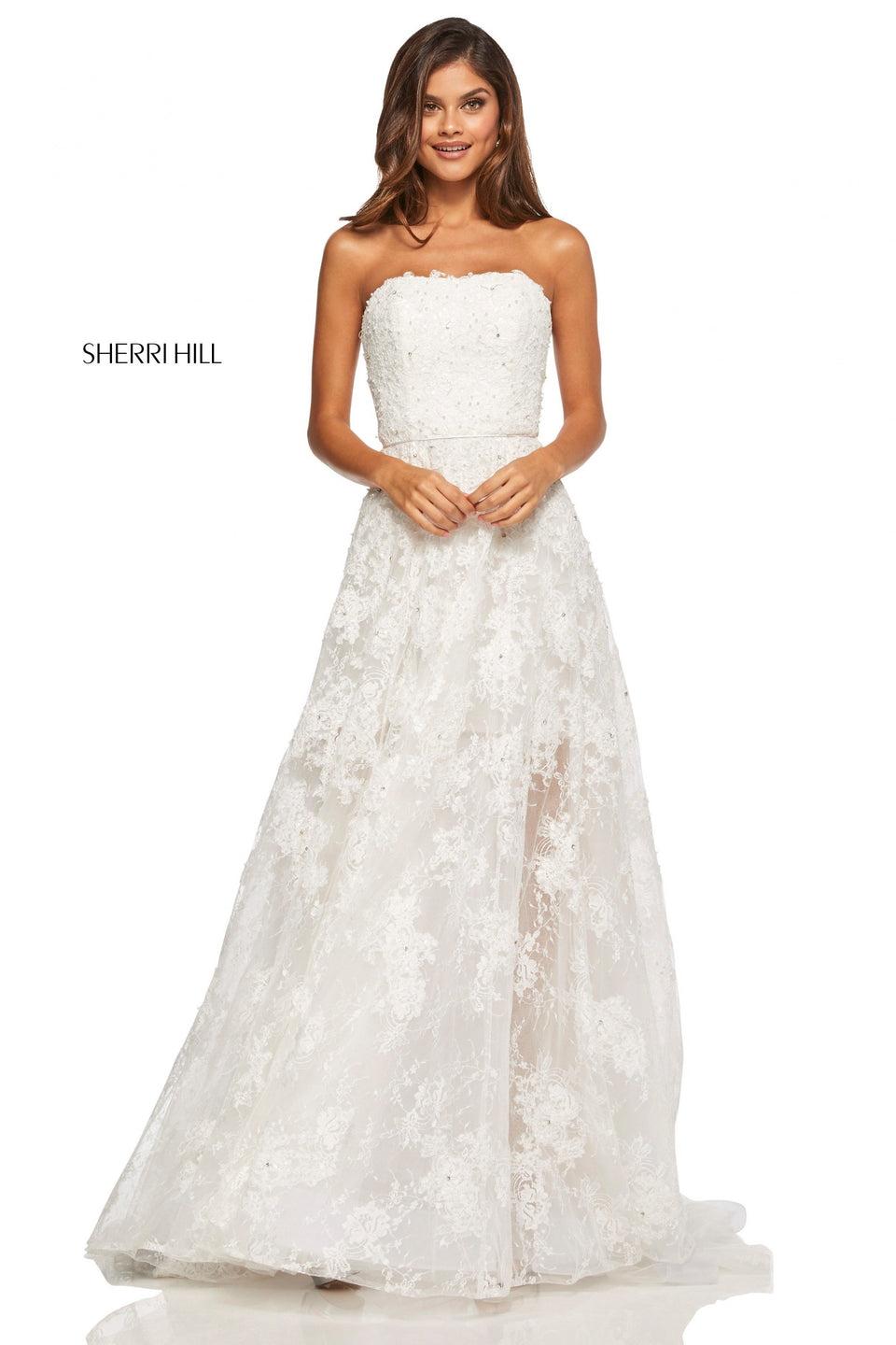 Sherri Hill Strapless Lace A-line Gown With A Sheer Lace Skirt