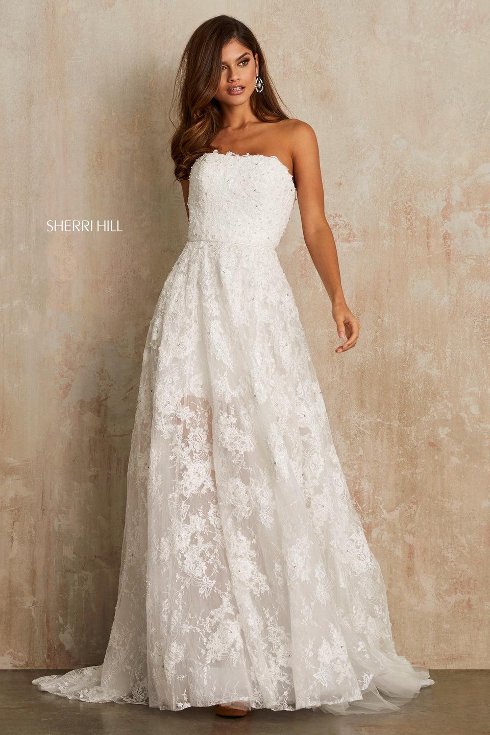 Sherri Hill Strapless Lace A-line Gown With A Sheer Lace Skirt