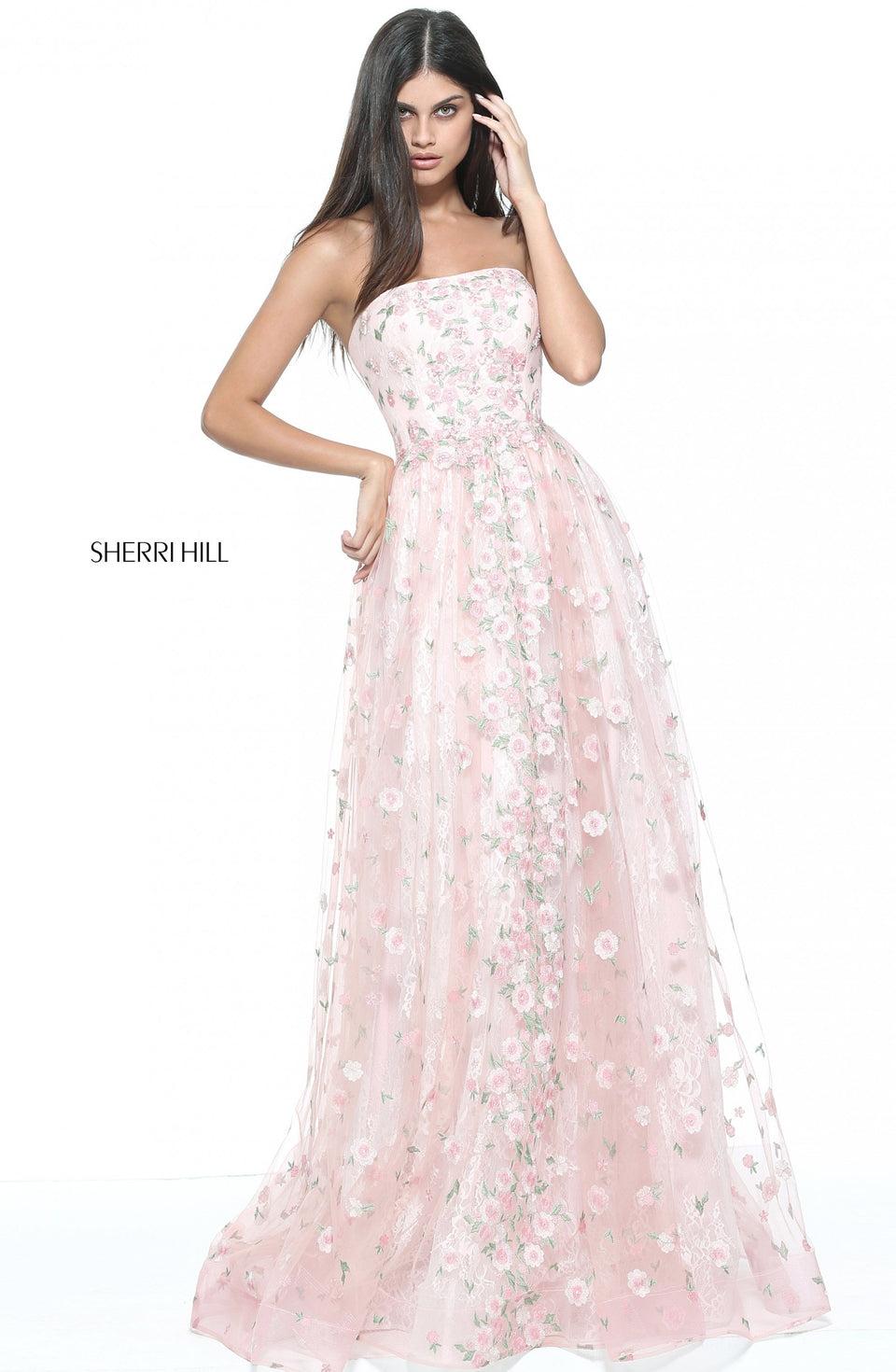 Sherri Hill Strapless Lace And Tulle A-line Gown With Flower Appliques On The Skirt
