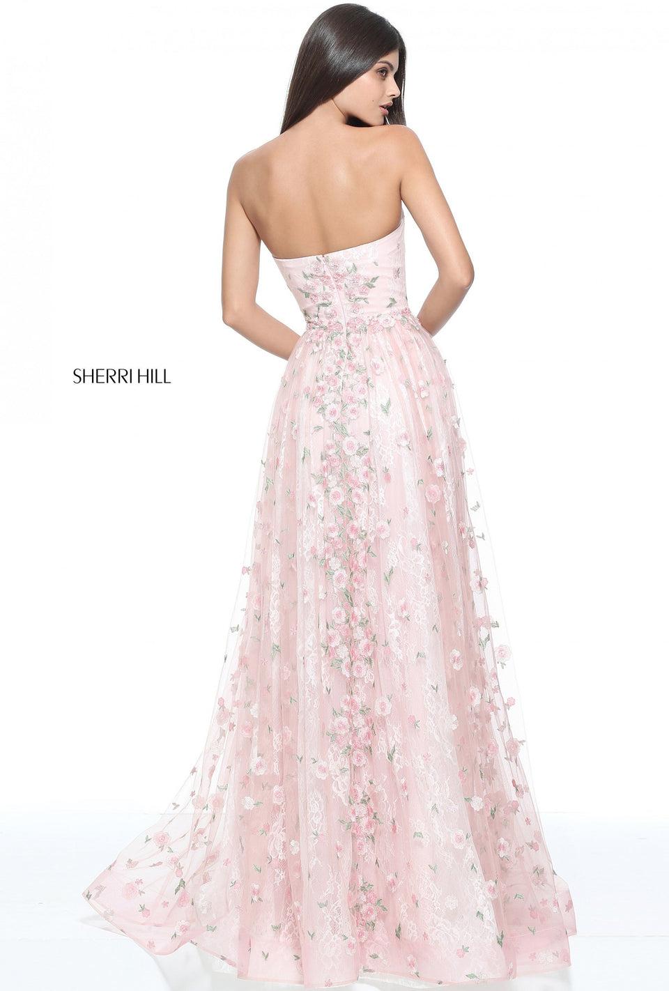 Sherri Hill Strapless Lace And Tulle A-line Gown With Flower Appliques On The Skirt