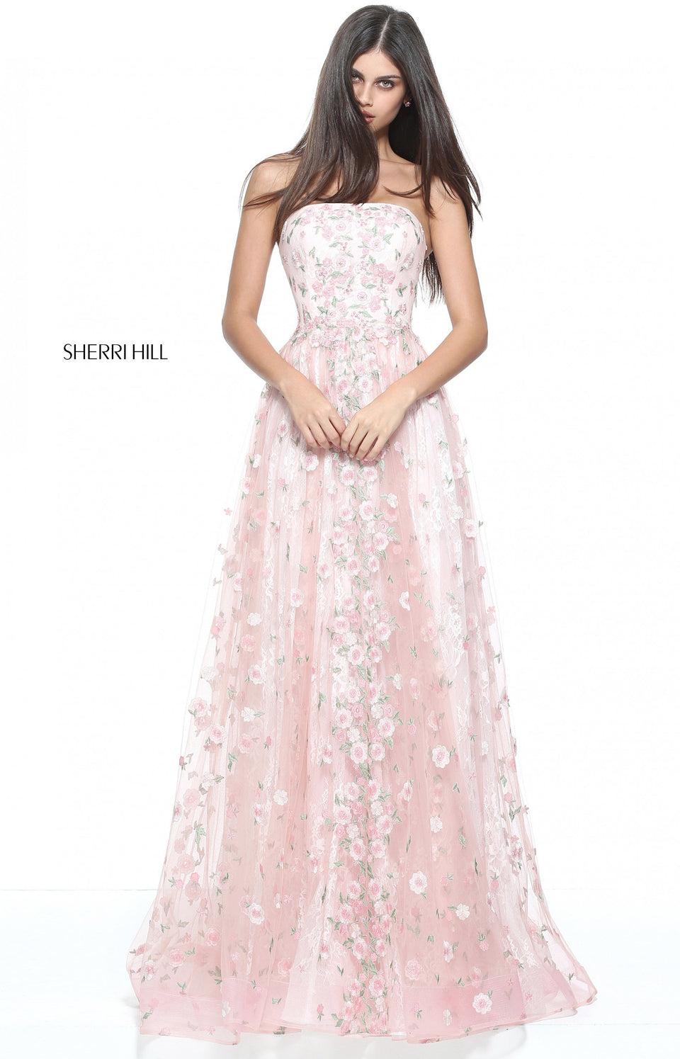Sherri Hill Strapless Lace And Tulle A-line Gown With Flower Appliques On The Skirt