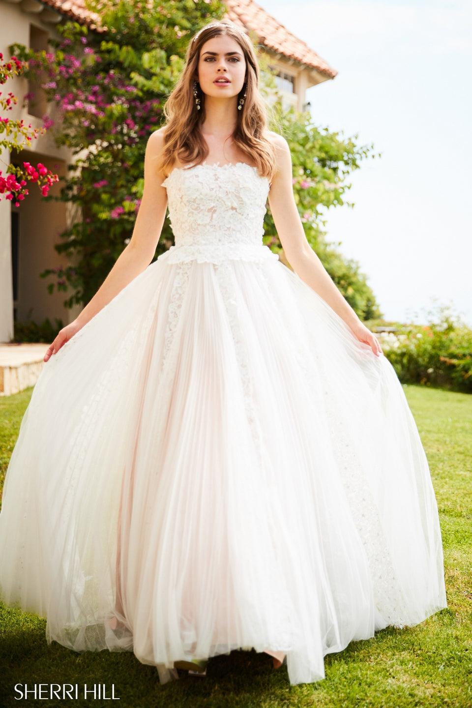 sherri hill Strapless lace appliqued ball gown with tulle skirt