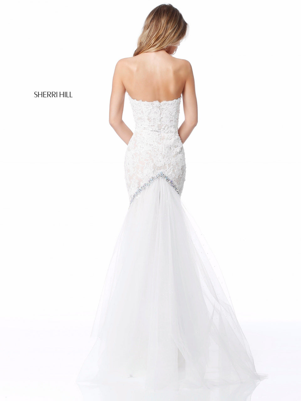 Sherri Hill Strapless Lace Appliqued Fitted Gown With Tulle Train