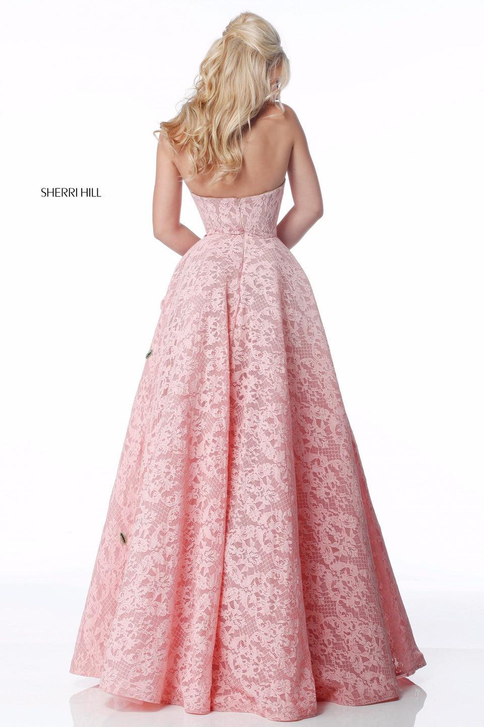 Sherri Hill Strapless Lace Ball Gown With Flower Appliques