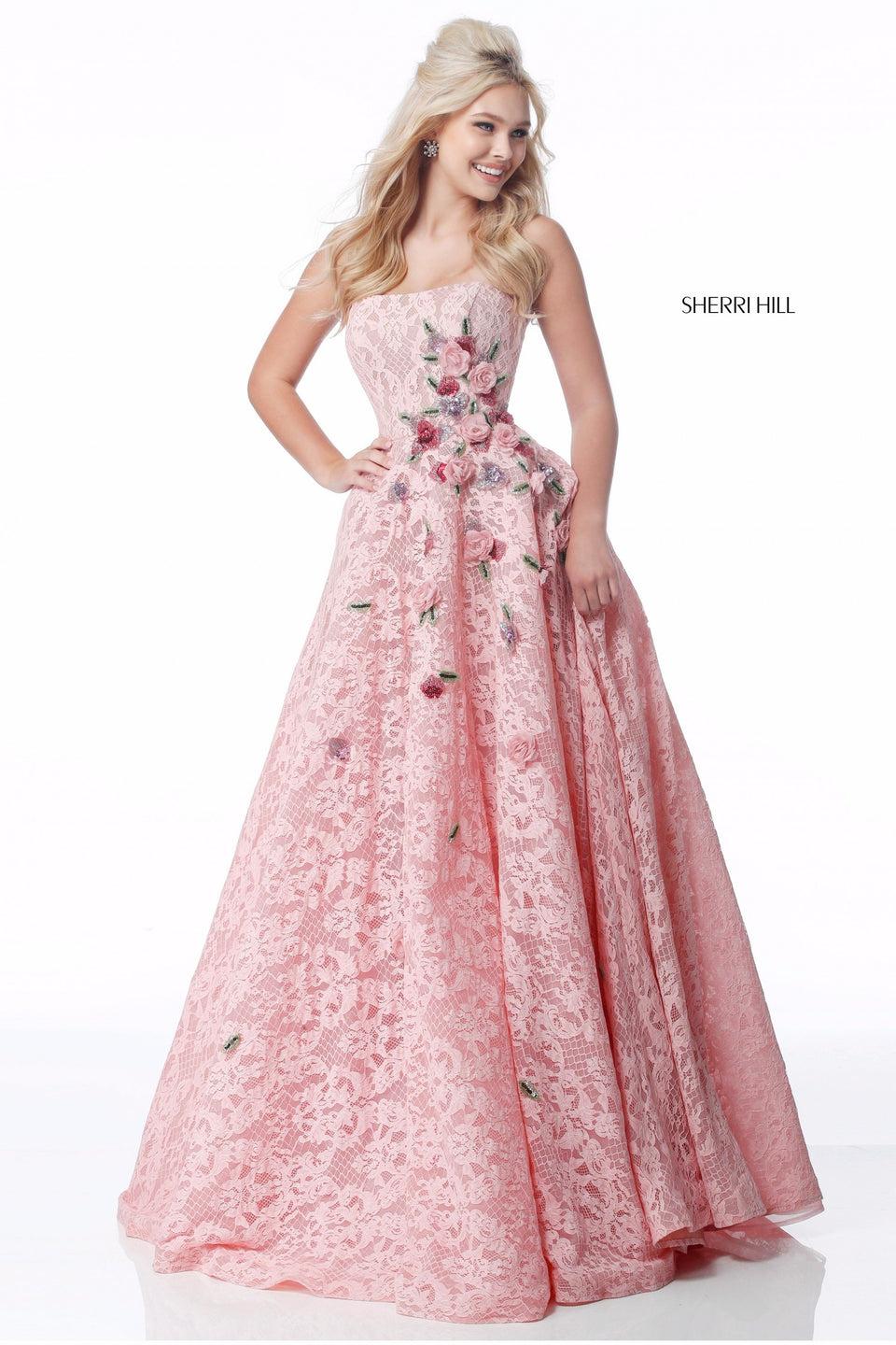 sherri hill Strapless lace ball gown with flower appliques