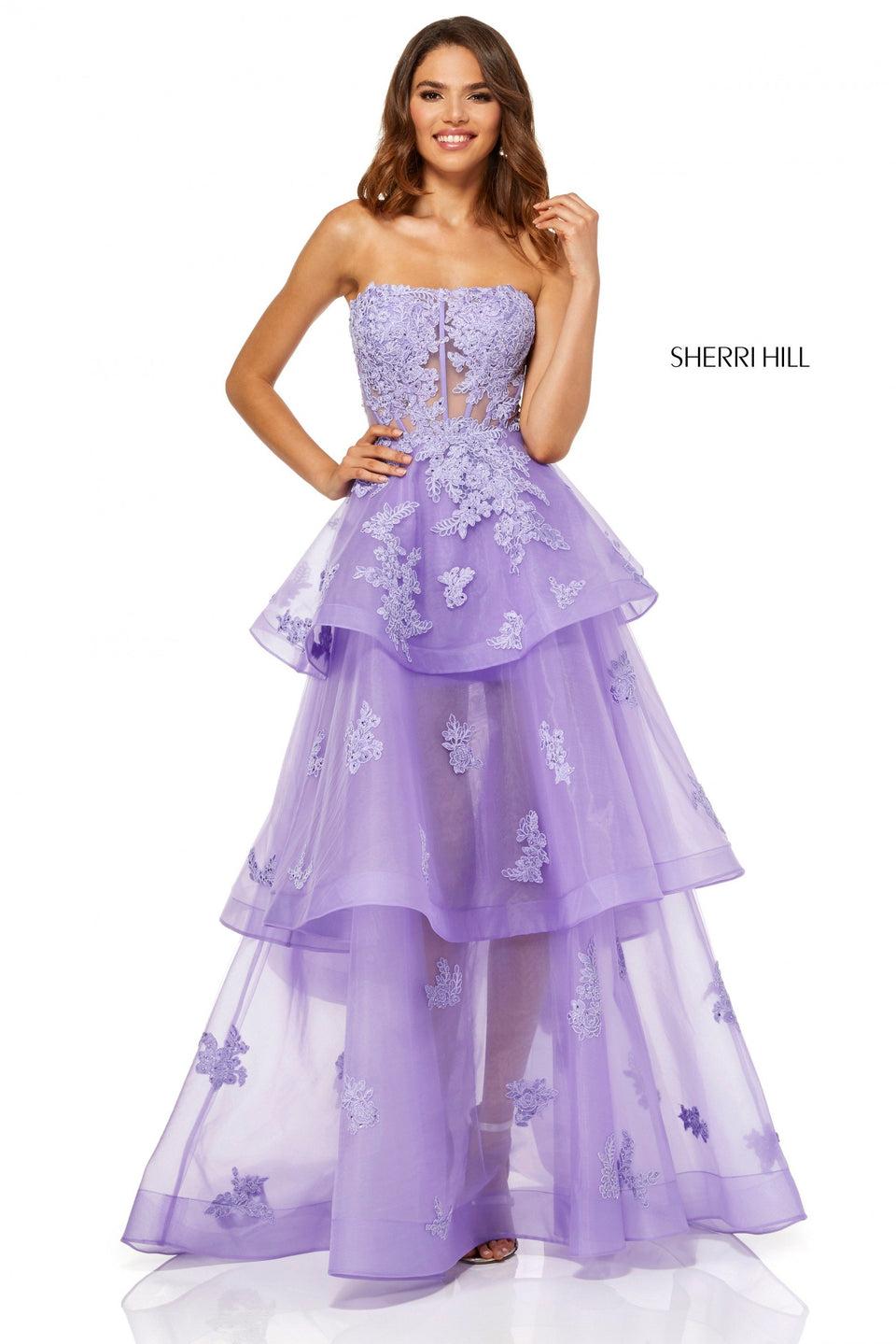 Sherri Hill Strapless Lace Ball Gown With Layered Tulle Skirt